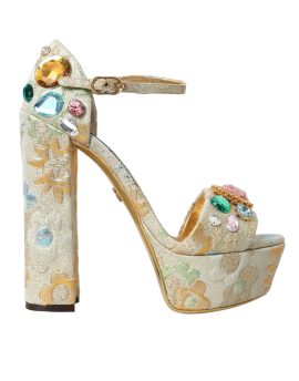 Dolce & Gabbana Gold Floral Jacquard Crystal Sandals Shoes