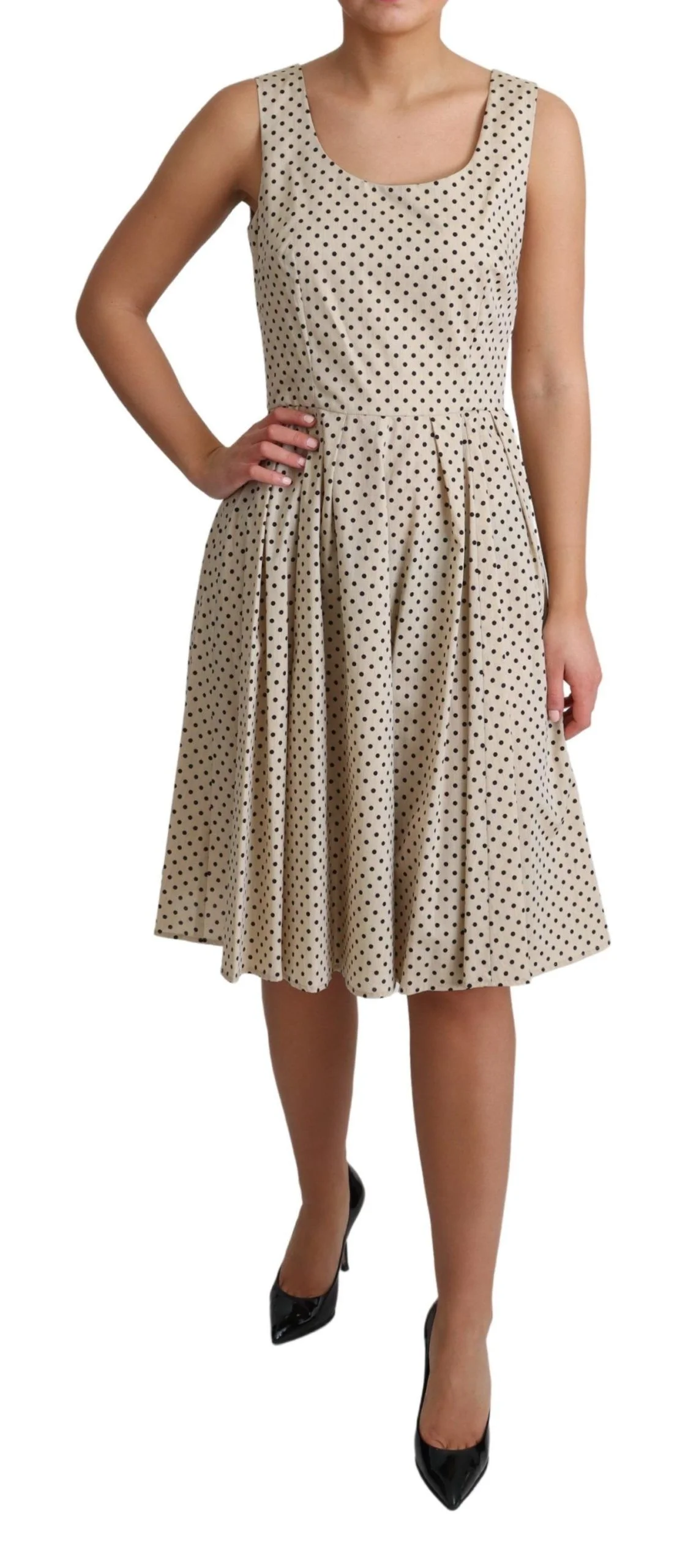 Dolce & Gabbana Beige Polka Dotted Cotton A-Line Dress - Image 2