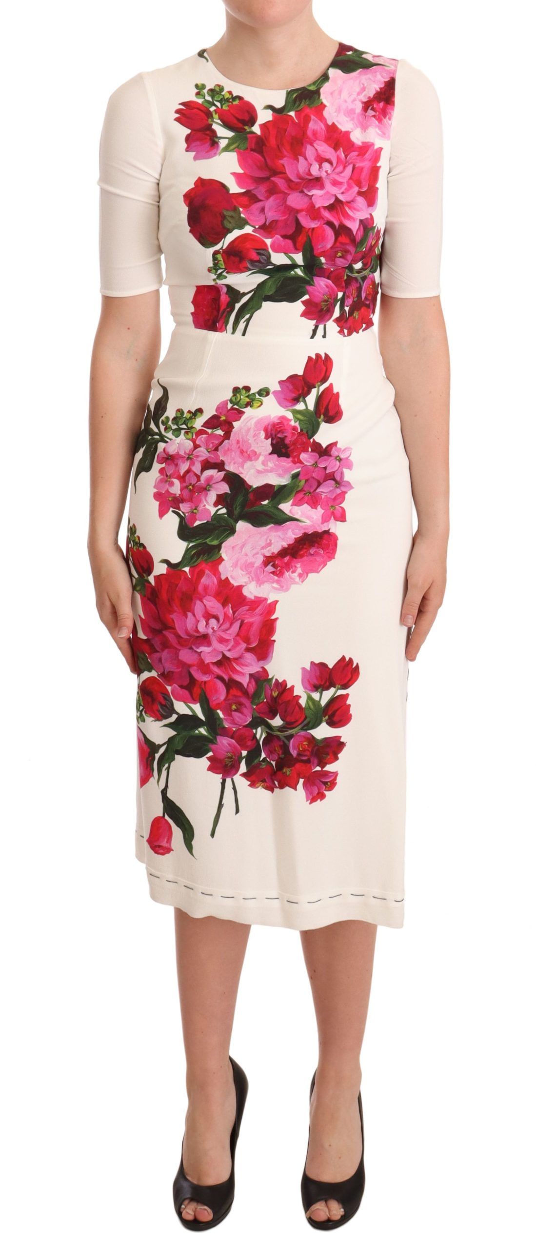 Dolce & Gabbana White Floral Printed Crepe Midi Slit Dress - Image 5