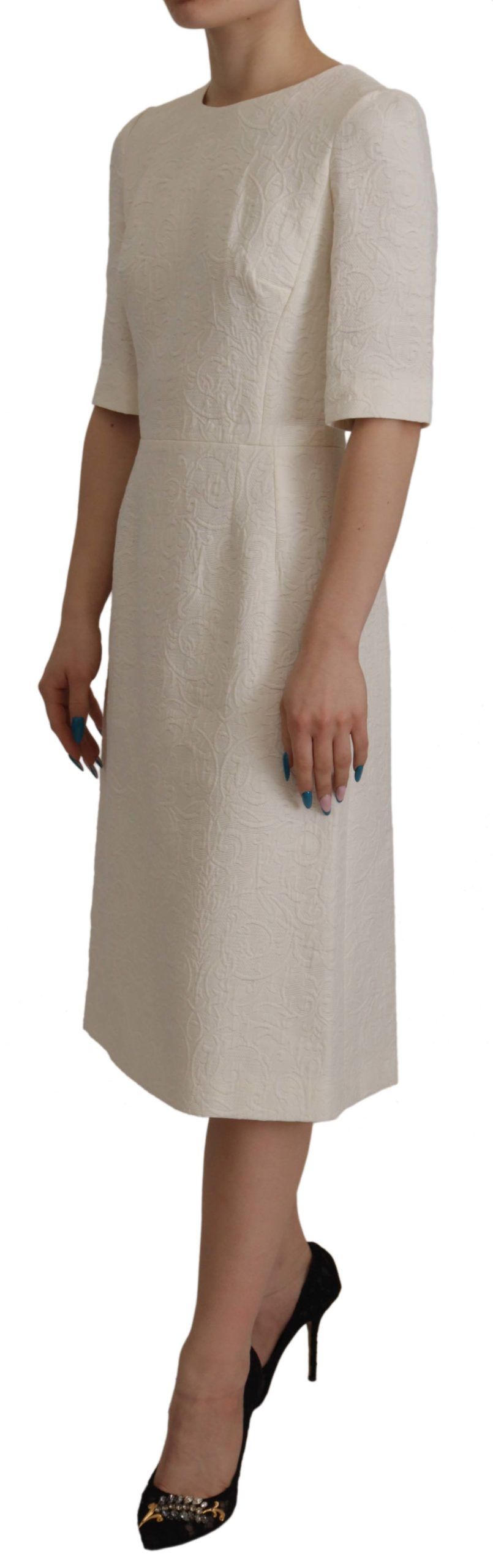 Dolce & Gabbana White Jaquard Midi Floral Sheath Brocade Dress - Image 3