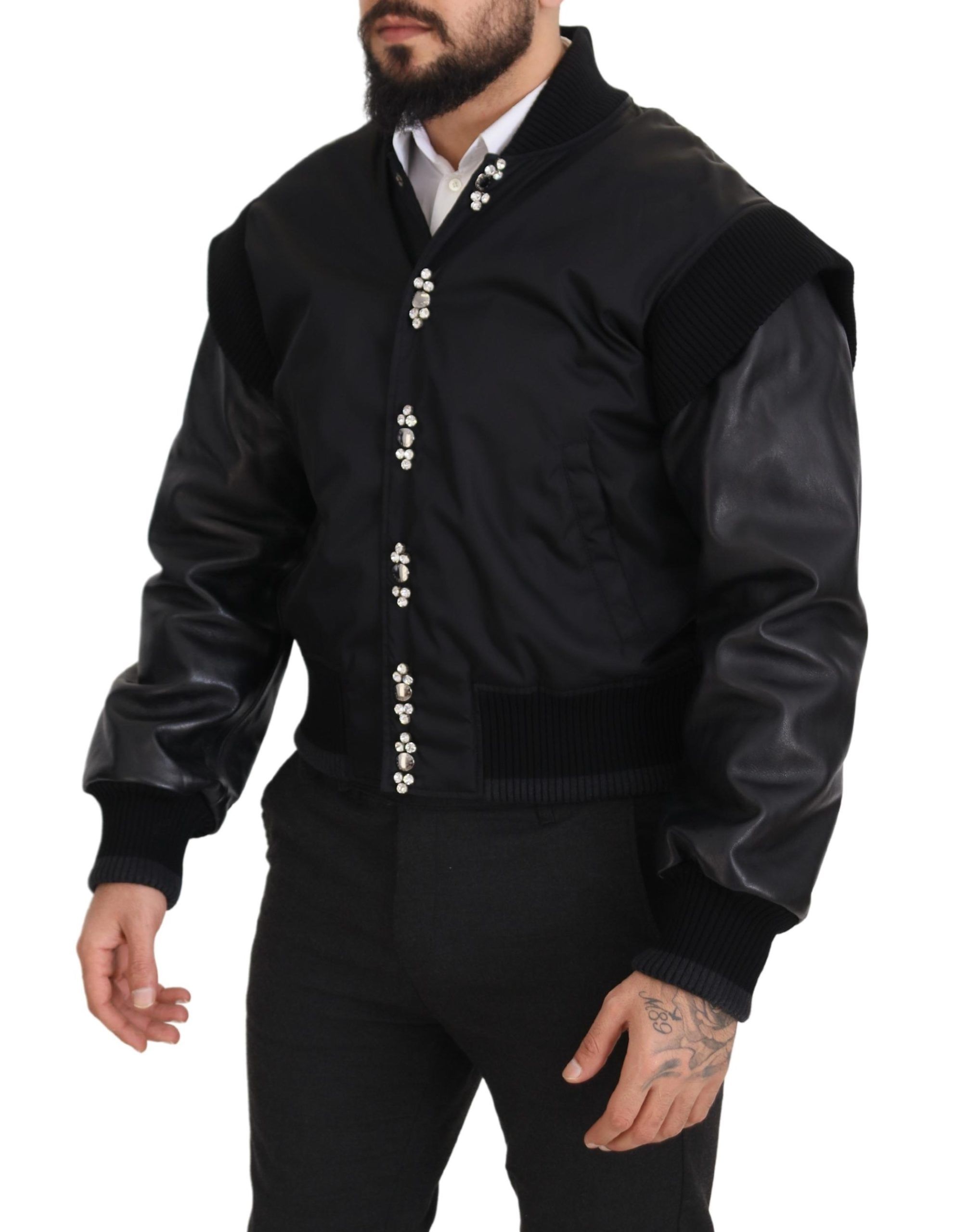 Dolce & Gabbana Black Nylon Crystals Coat Buttons Jacket - Image 5