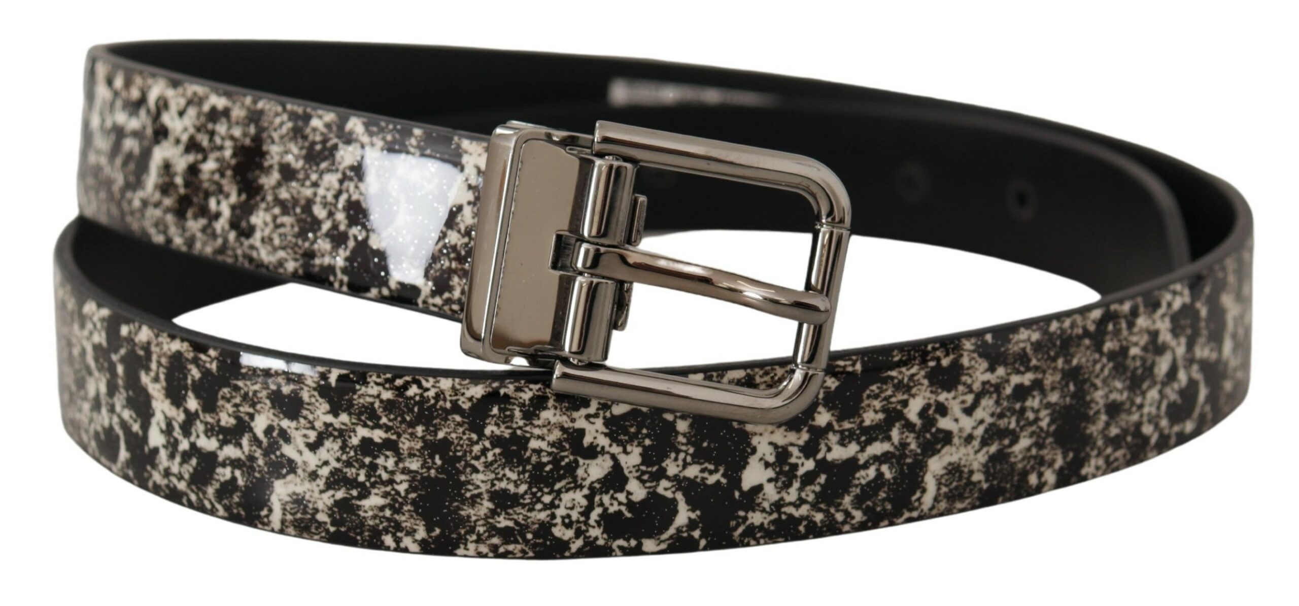 Dolce & Gabbana Black Marble Print Leather Silver Logo Buckle Belt - Image 3