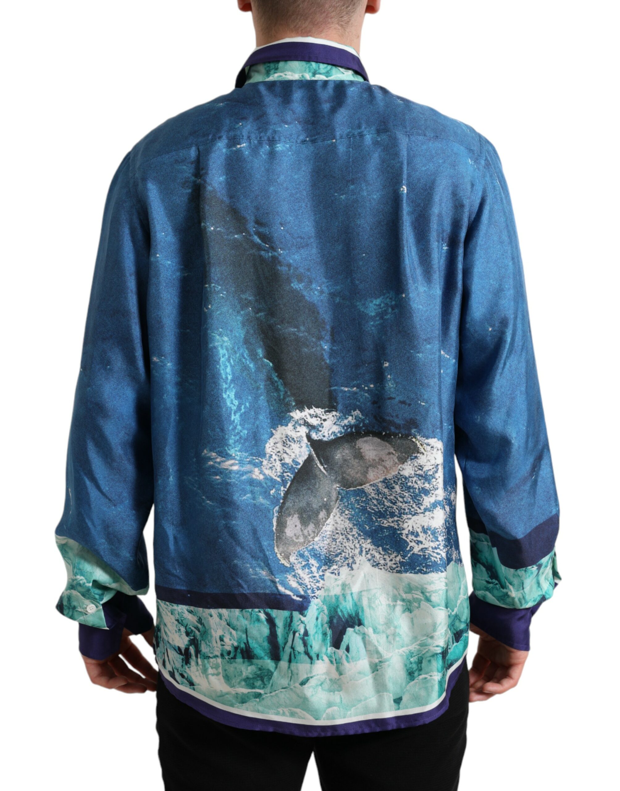 Dolce & Gabbana Blue Ocean Print Silk Collared Button Down Shirt - Image 3