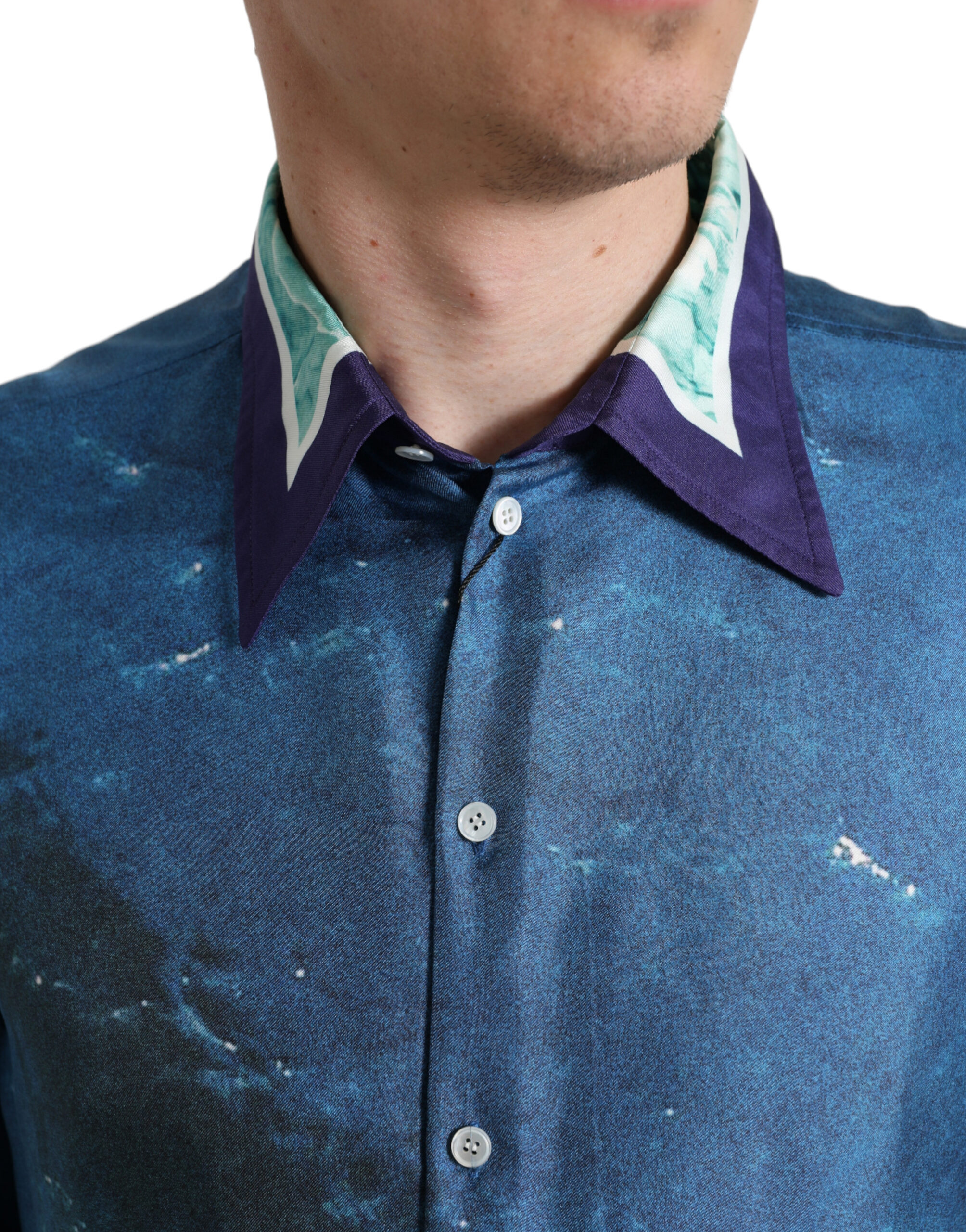 Dolce & Gabbana Blue Ocean Print Silk Collared Button Down Shirt - Image 4