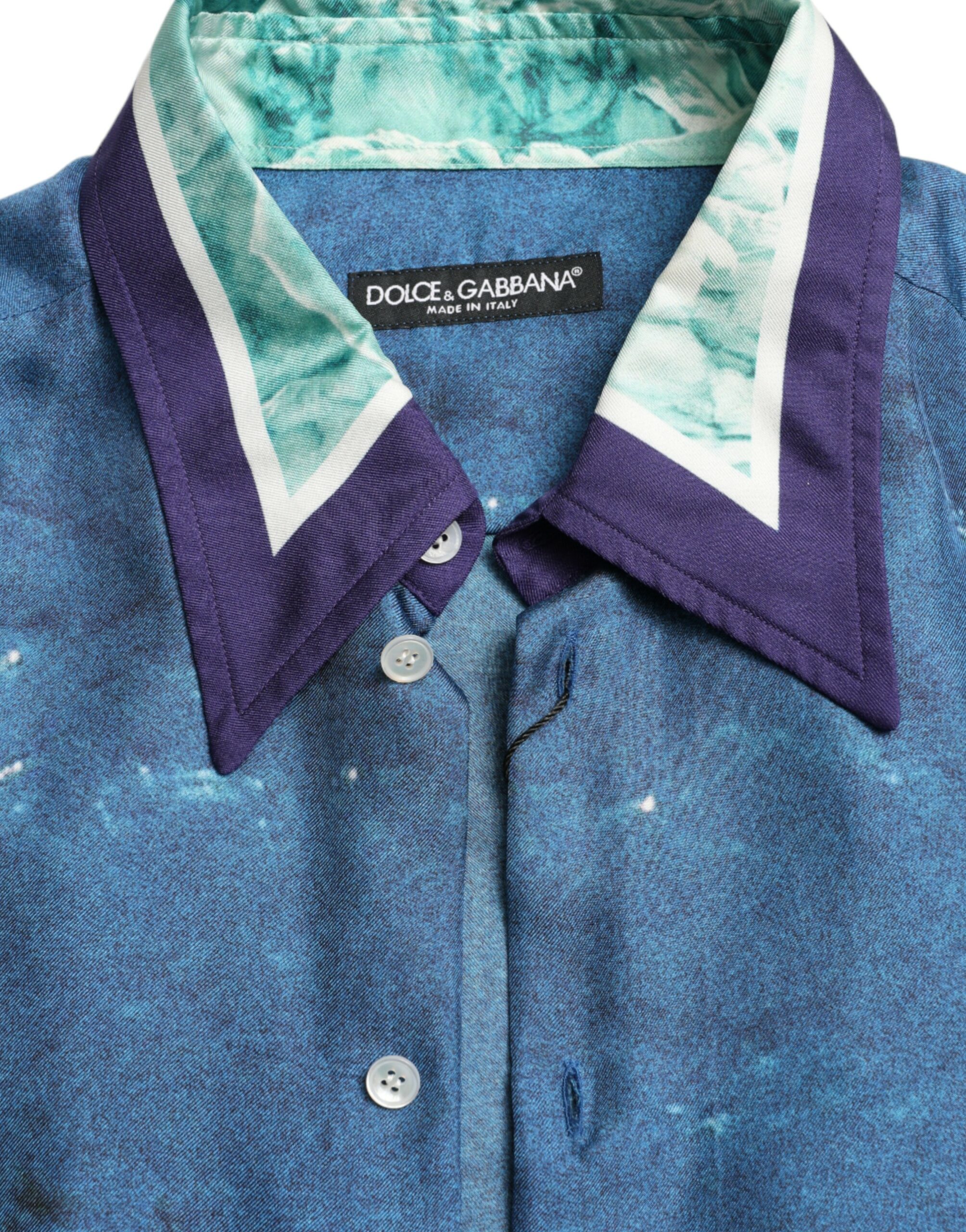 Dolce & Gabbana Blue Ocean Print Silk Collared Button Down Shirt - Image 5