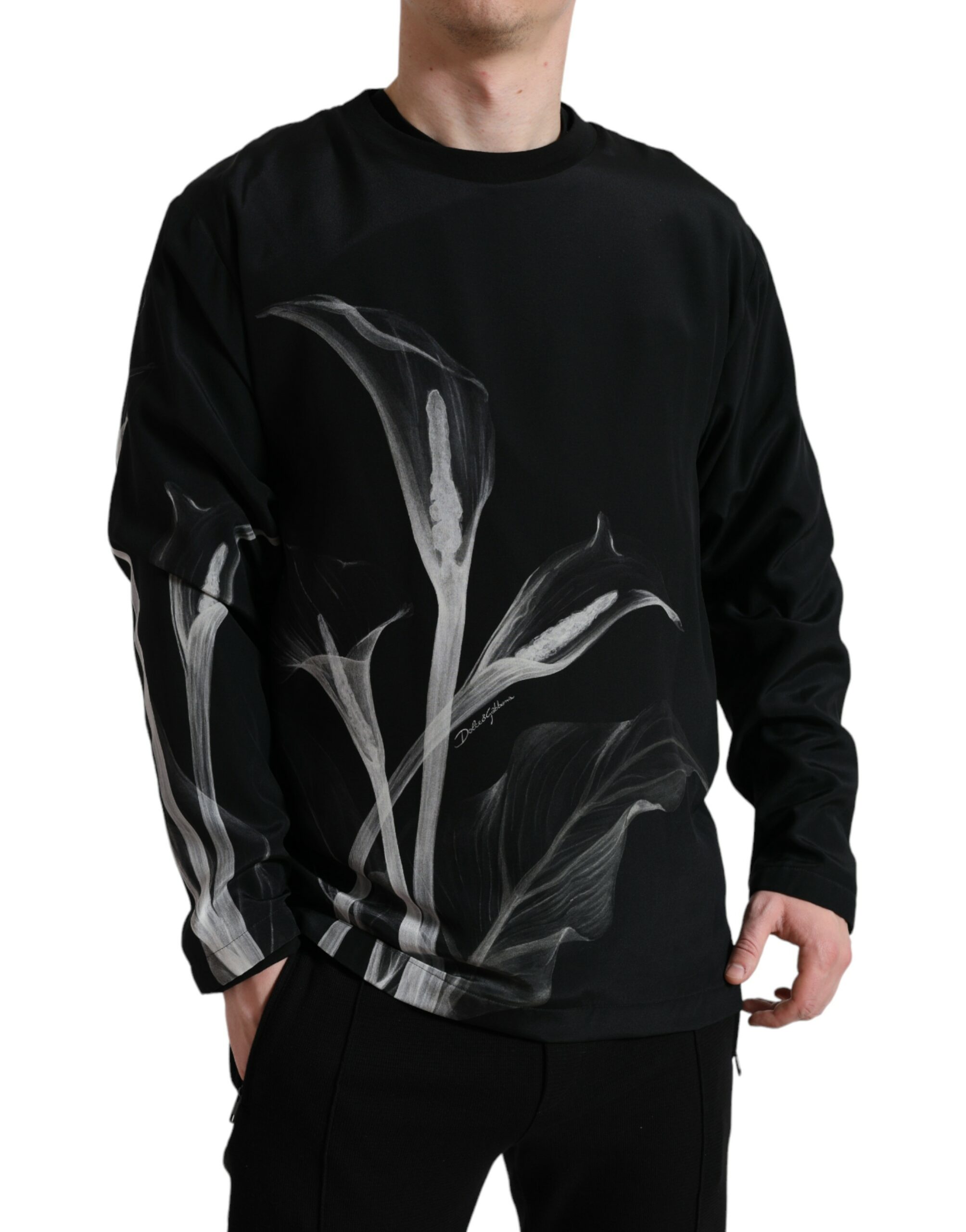 Dolce & Gabbana Black Floral Print Crewneck Pullover Sweater - Image 2