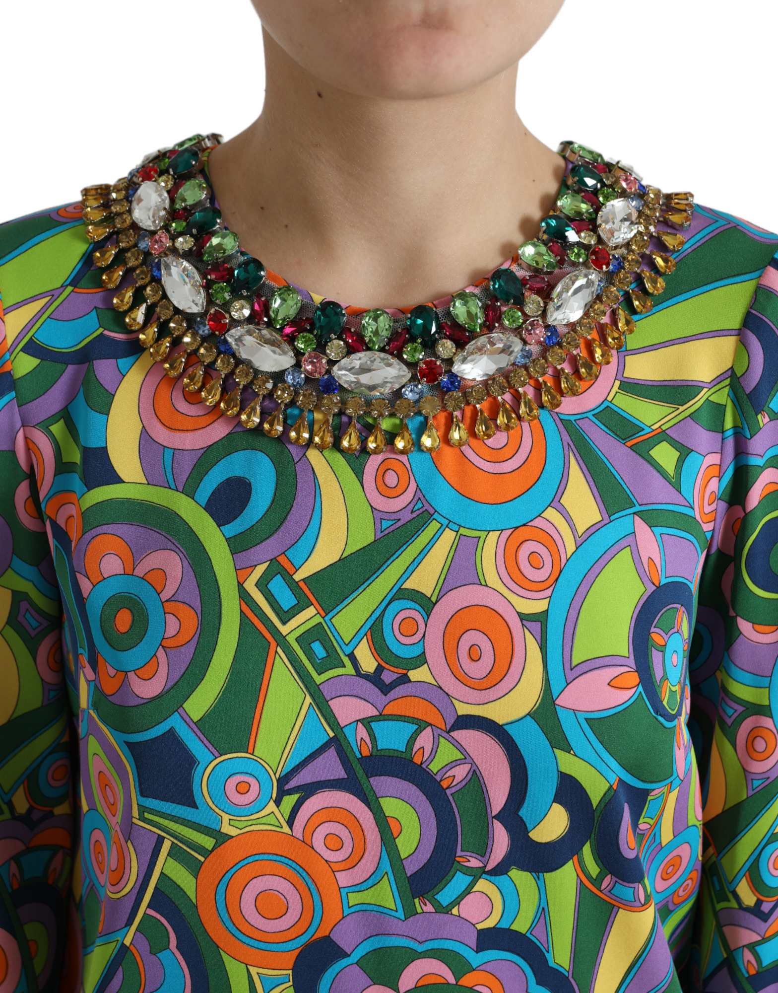 Dolce & Gabbana Multicolor Geometric Print Silk Crystals Midi Dress - Image 4