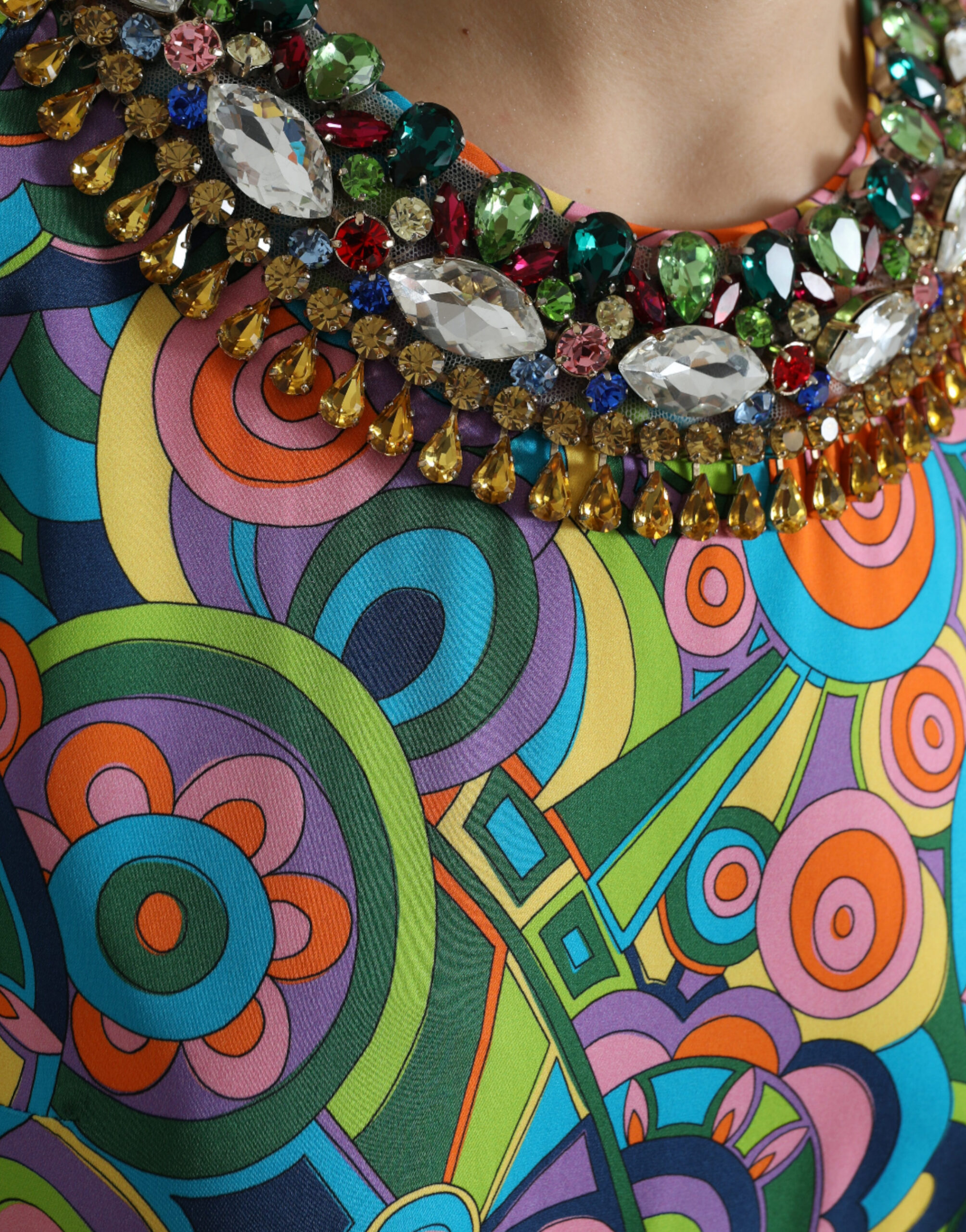 Dolce & Gabbana Multicolor Geometric Print Silk Crystals Midi Dress - Image 5