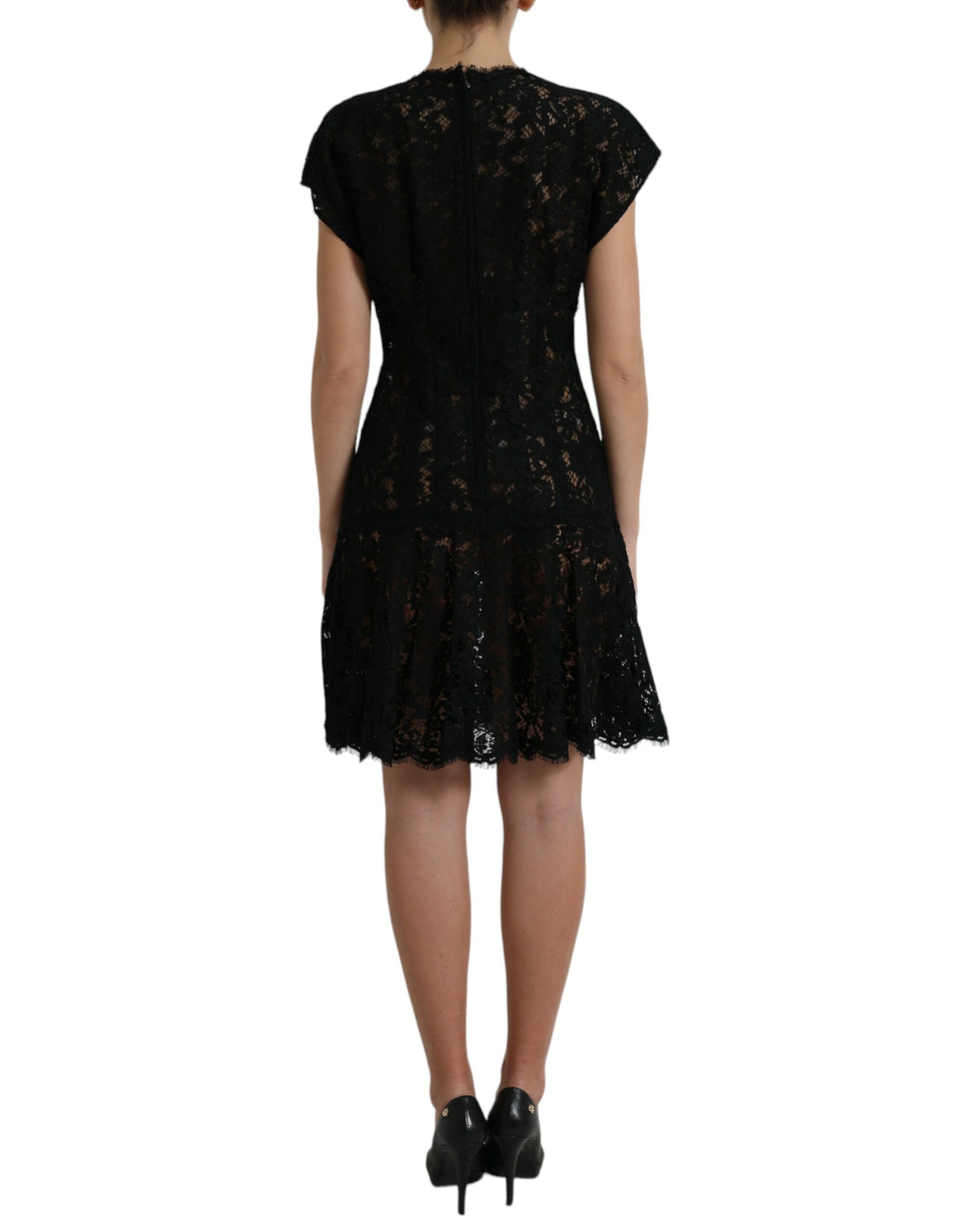 Dolce & Gabbana Black Floral Lace Cotton A-line Mini Dress - Image 3