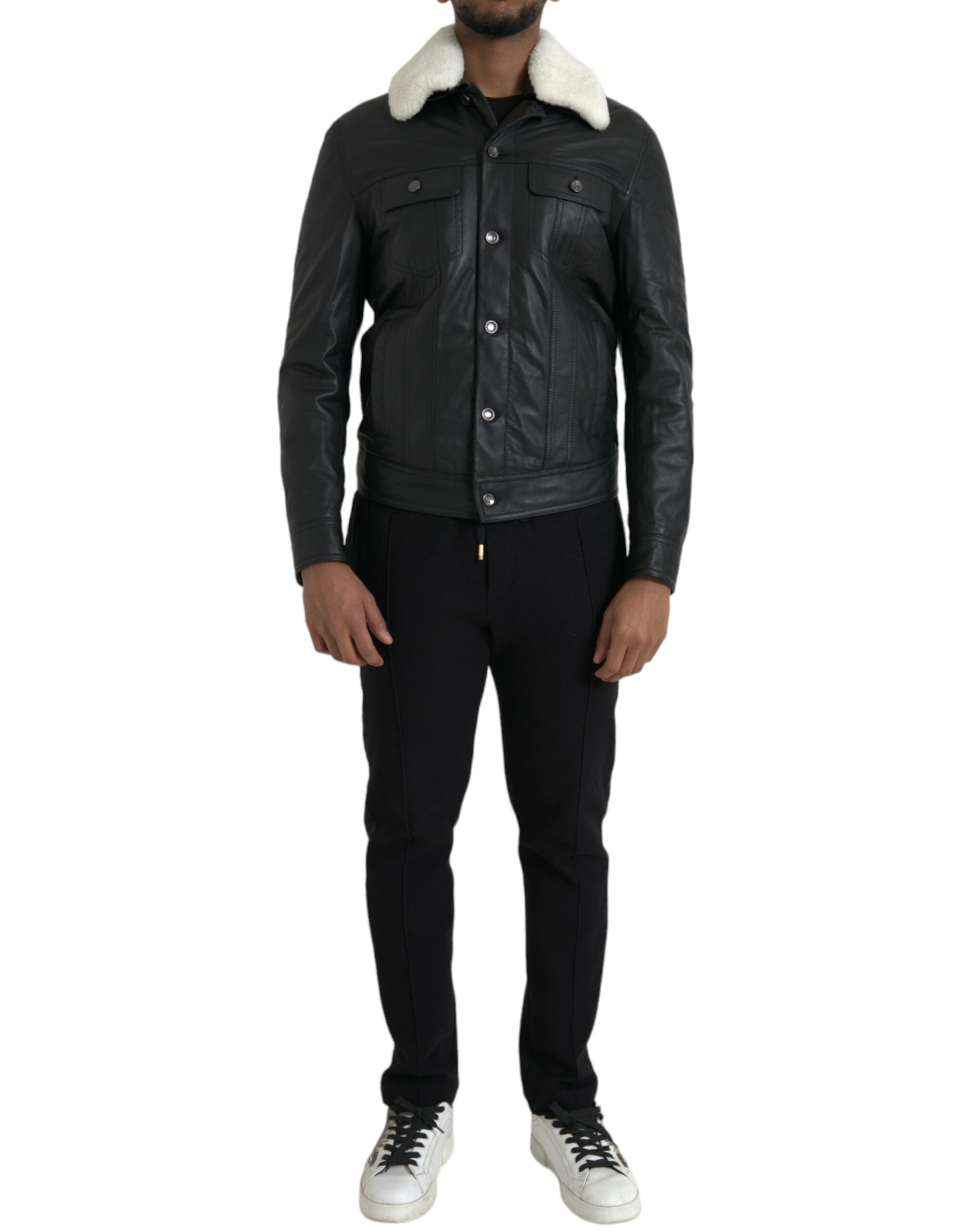 Dolce & Gabbana Black Leather Fur Collar Biker Coat Jacket - Image 2