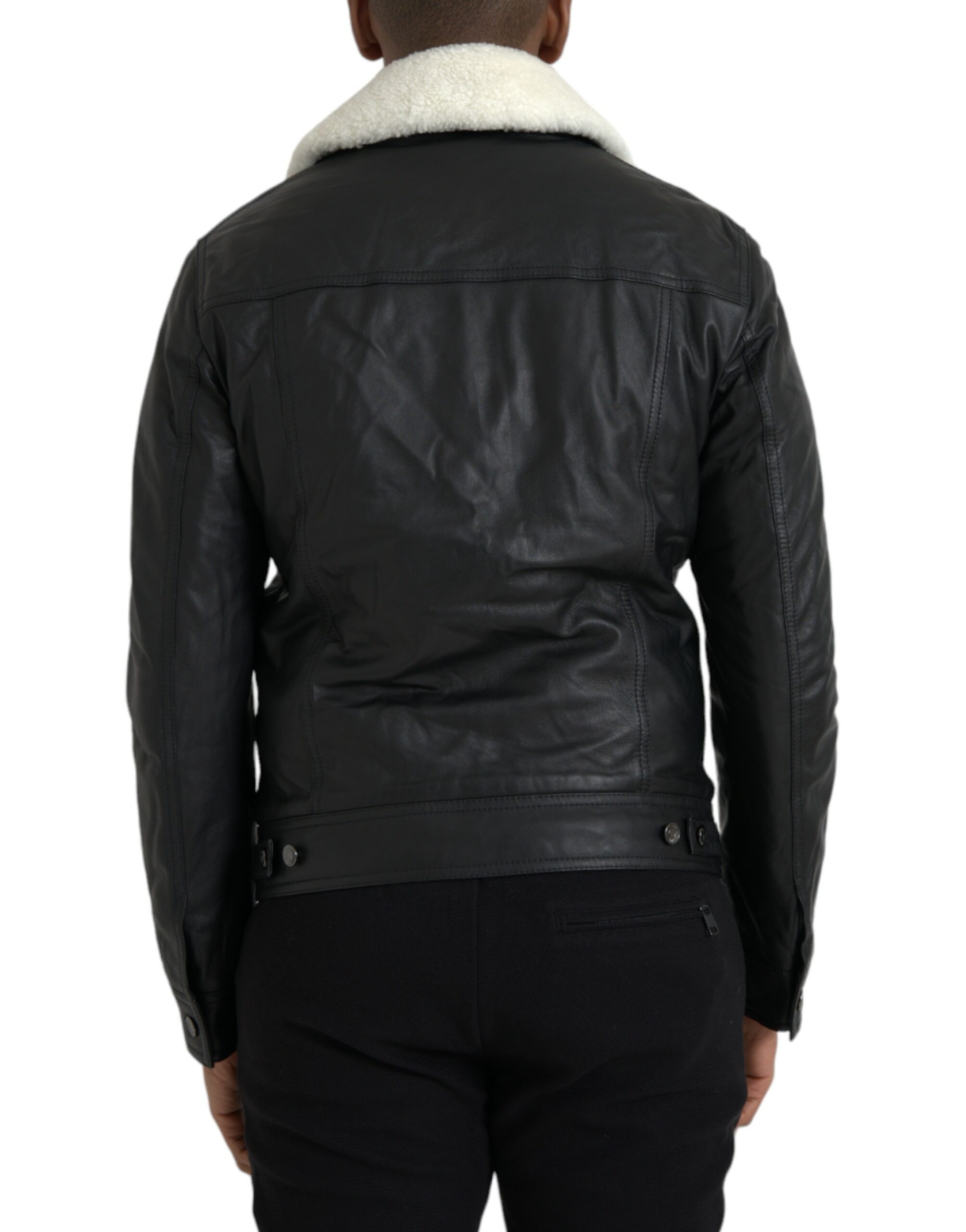 Dolce & Gabbana Black Leather Fur Collar Biker Coat Jacket - Image 3