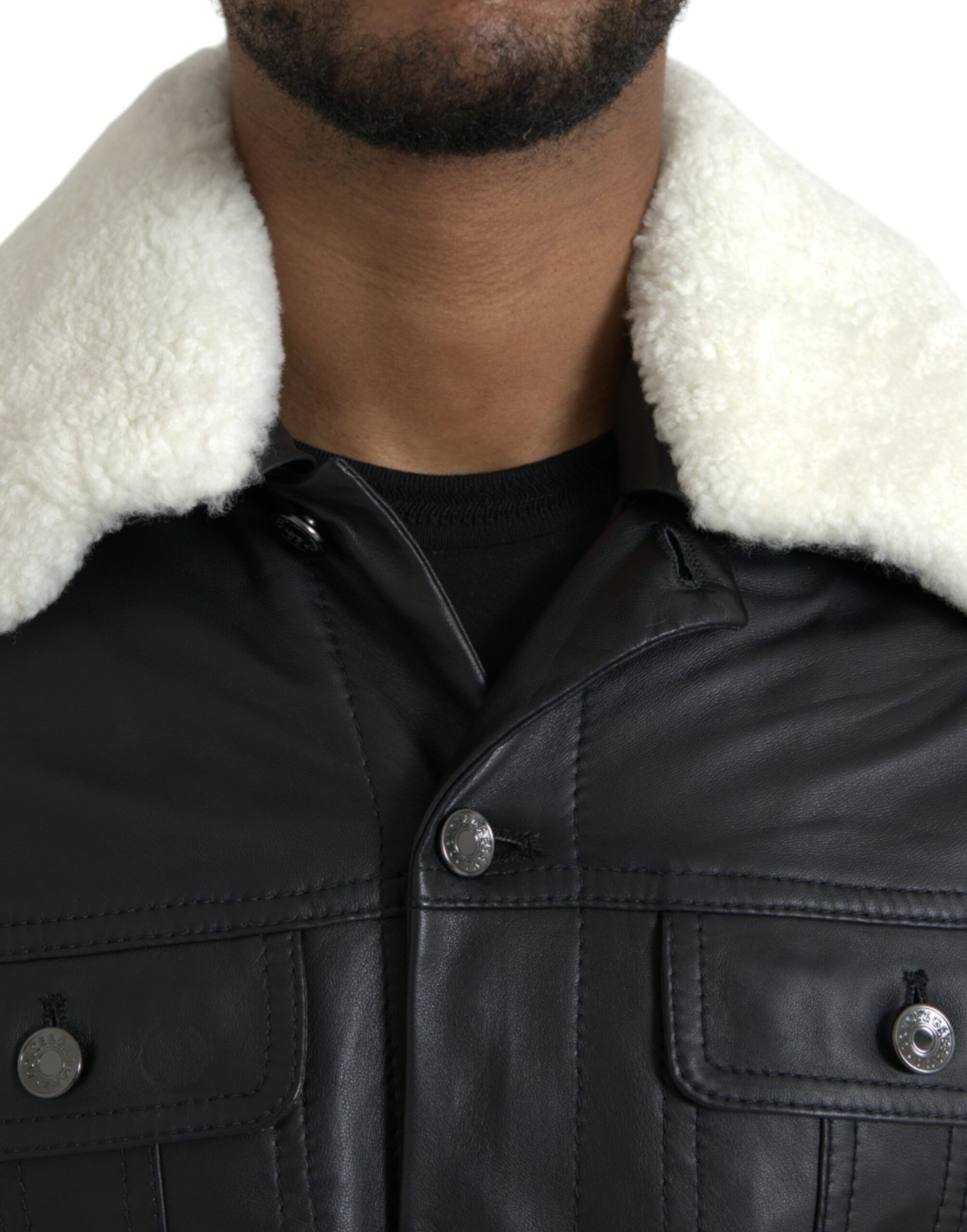 Dolce & Gabbana Black Leather Fur Collar Biker Coat Jacket - Image 4