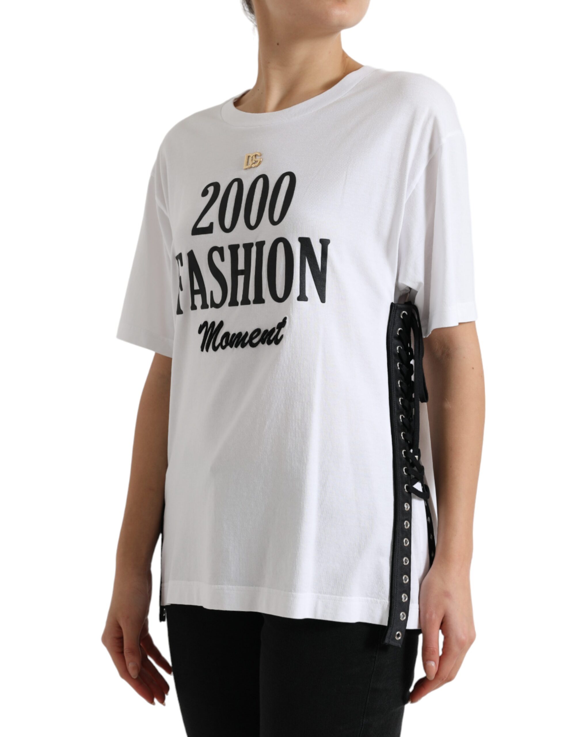Dolce & Gabbana White Slogan Print Lacing Detailed T-shirt - Image 2