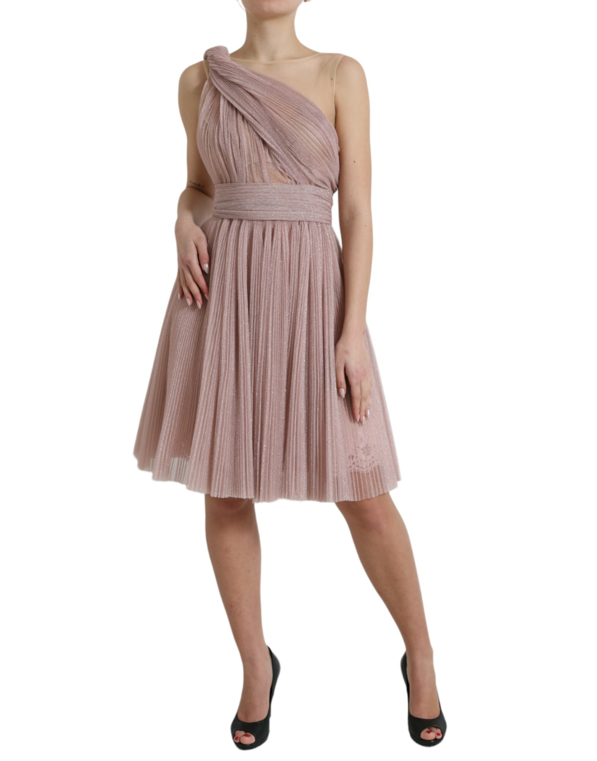 Dolce & Gabbana Light Lilac Pleated Lame Tulle One Shoulder Dress - Image 2