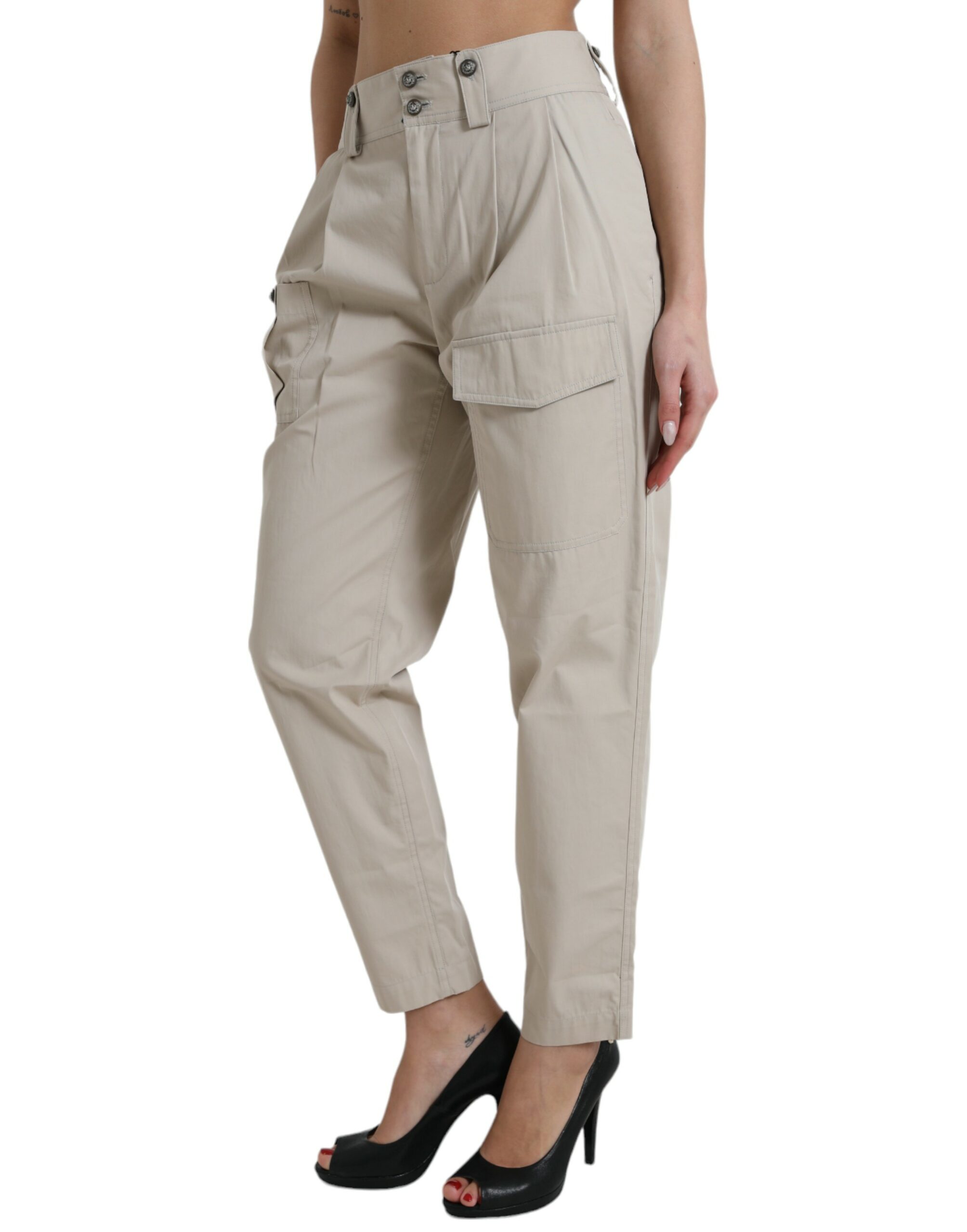Dolce & Gabbana Beige Cotton High Waist Tapered Pants - Image 2