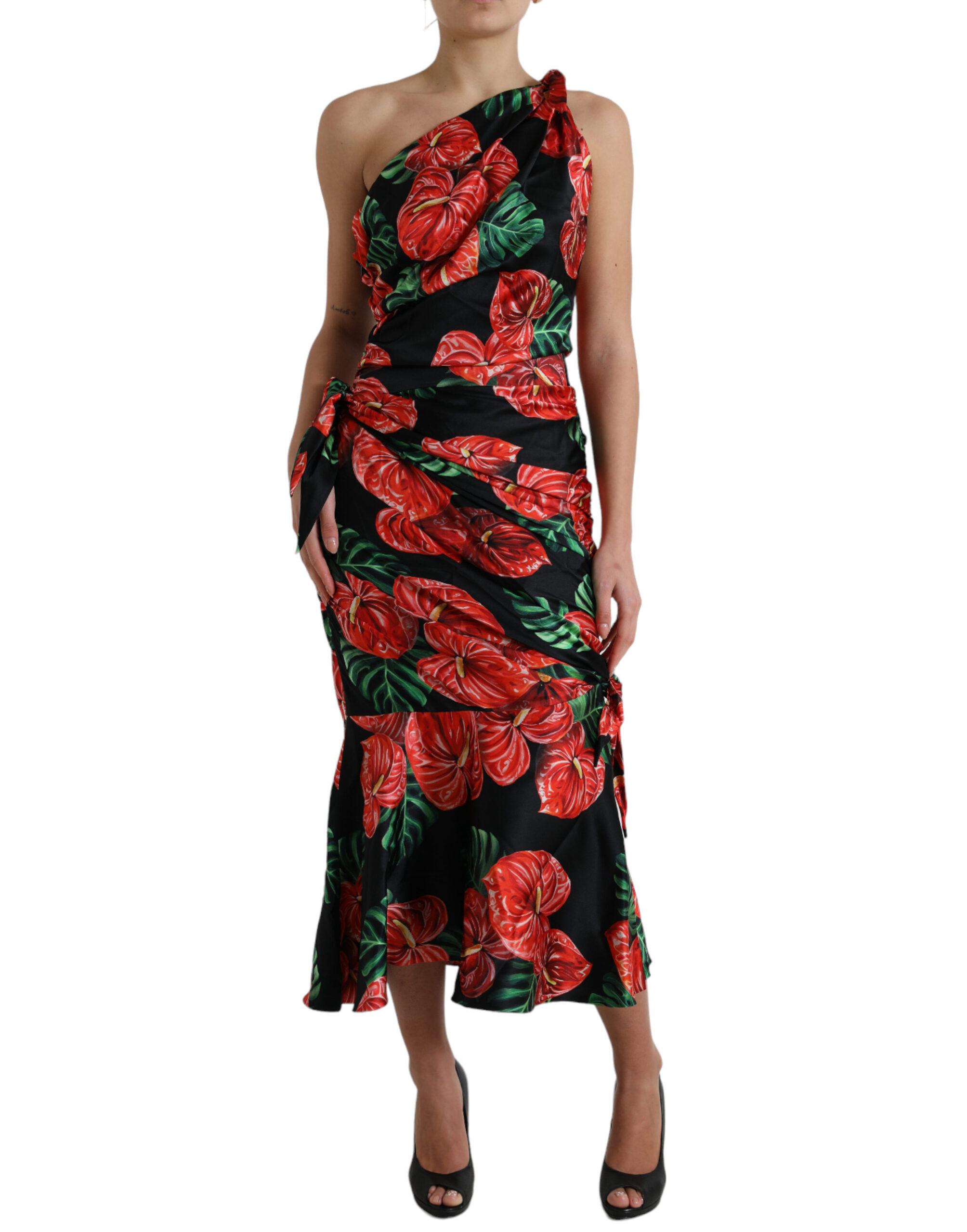 Dolce & Gabbana Black Shiny Silk Floral Print Draped Dress - Image 2