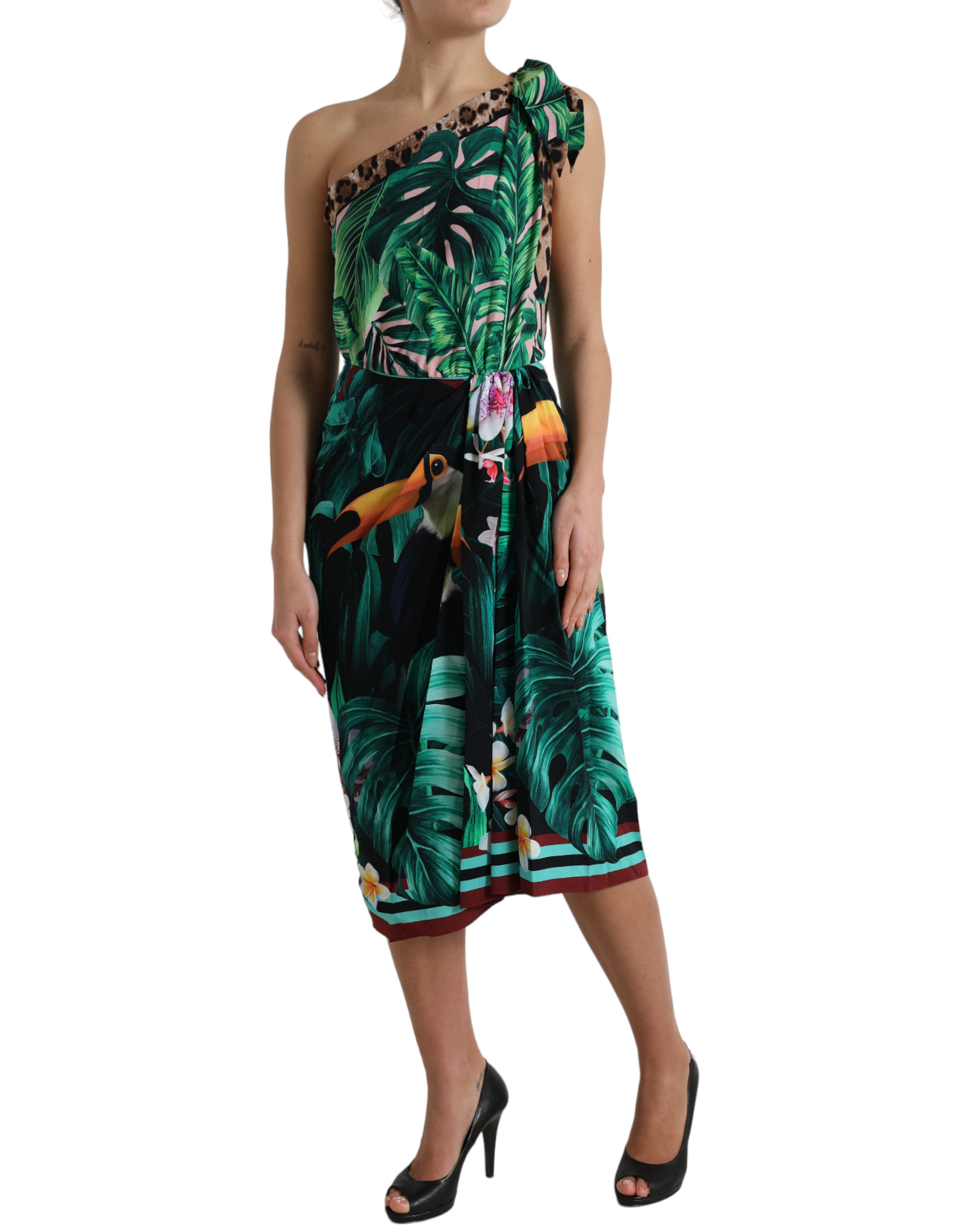 Dolce & Gabbana Green Tropical Jungle Print One Shoulder Midi Dress - Image 2