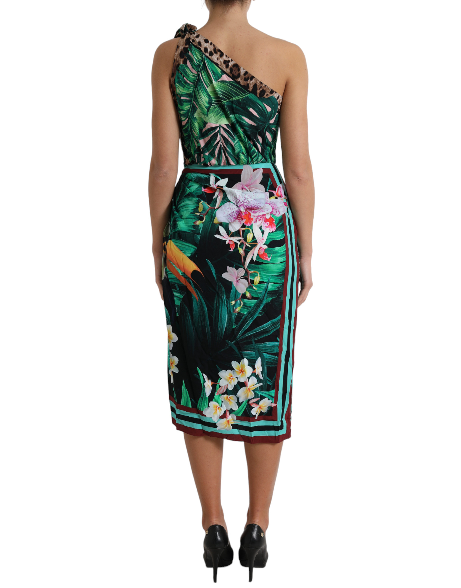 Dolce & Gabbana Green Tropical Jungle Print One Shoulder Midi Dress - Image 3