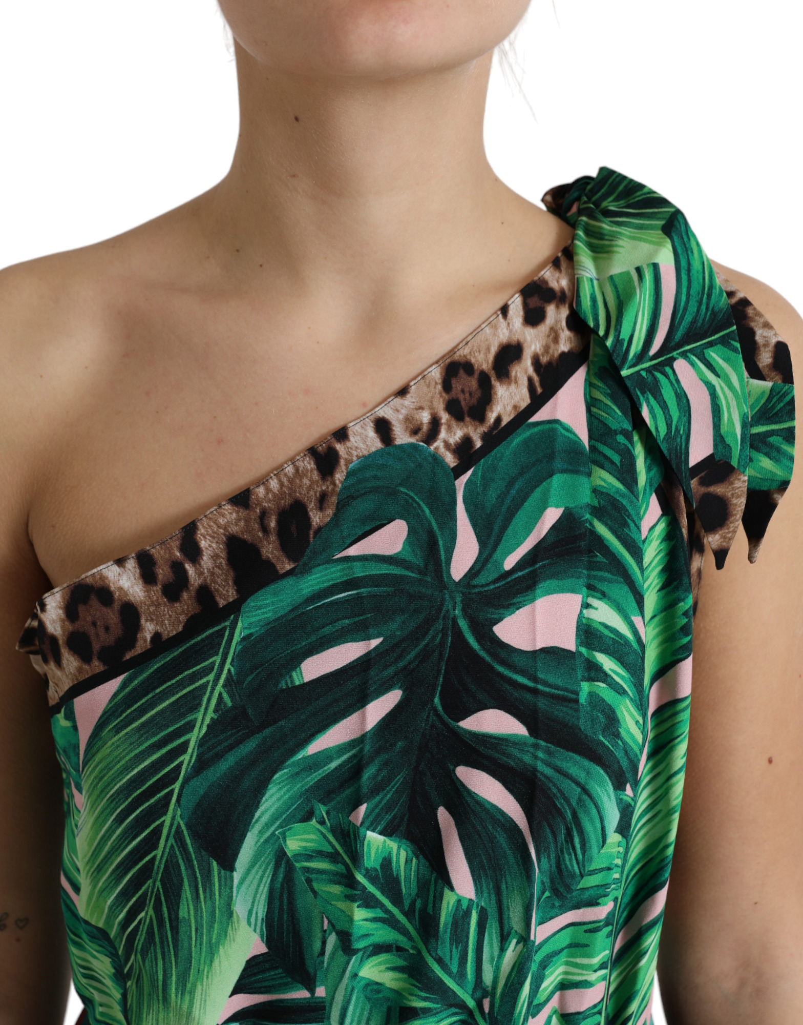 Dolce & Gabbana Green Tropical Jungle Print One Shoulder Midi Dress - Image 4