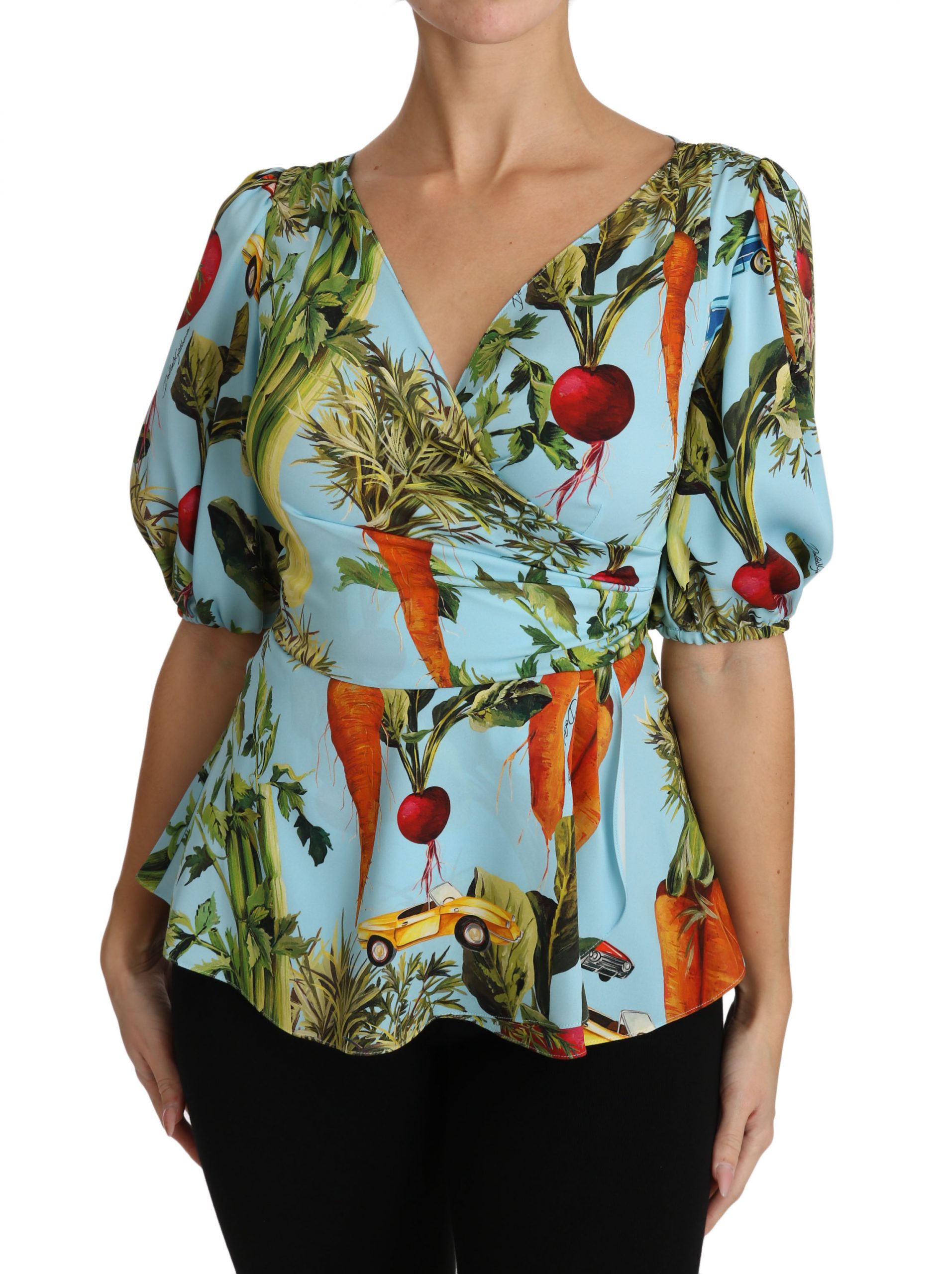Dolce & Gabbana Multicolor Vegetable Print Silk Top Peplum Wrap Blouse - Image 5