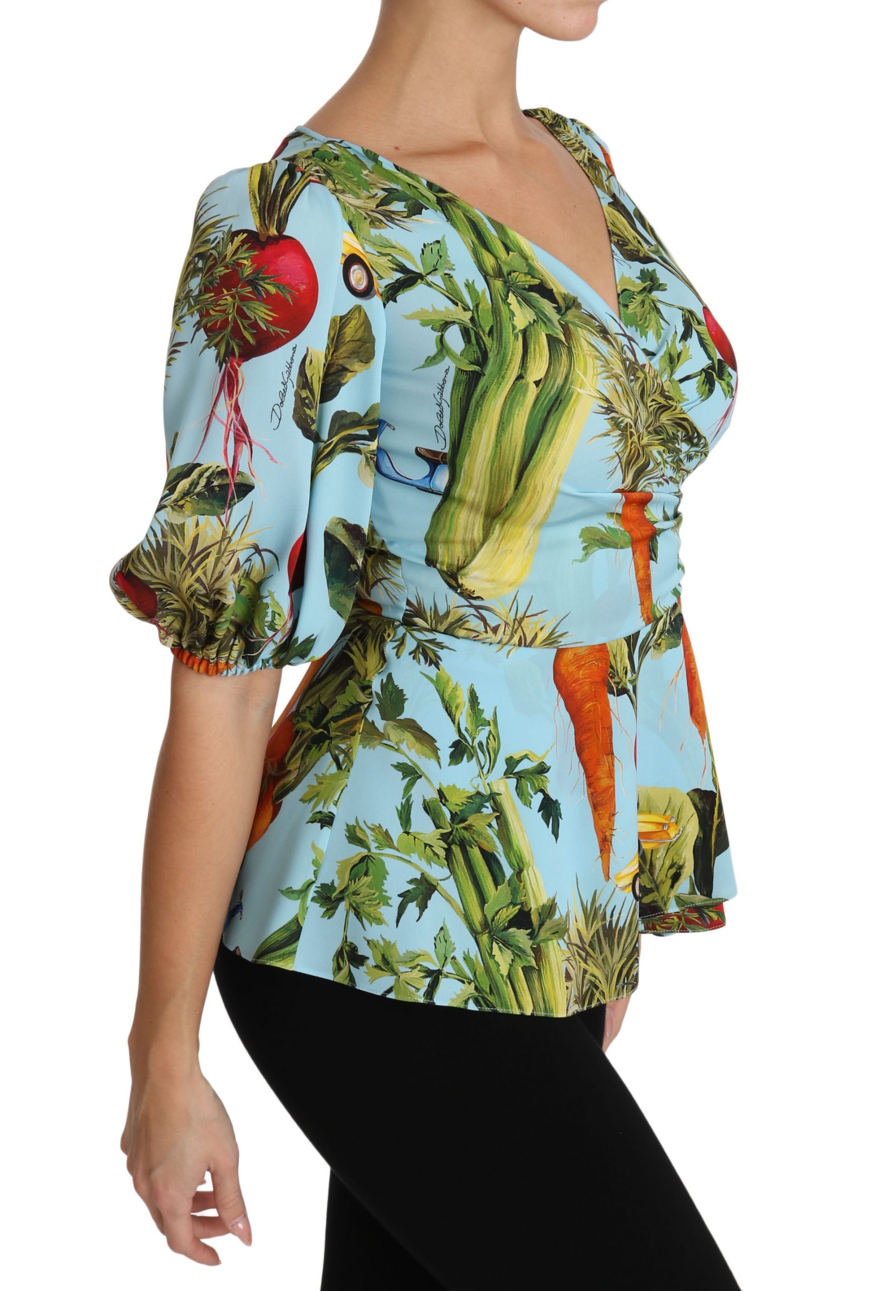 Dolce & Gabbana Multicolor Vegetable Print Silk Top Peplum Wrap Blouse - Image 6