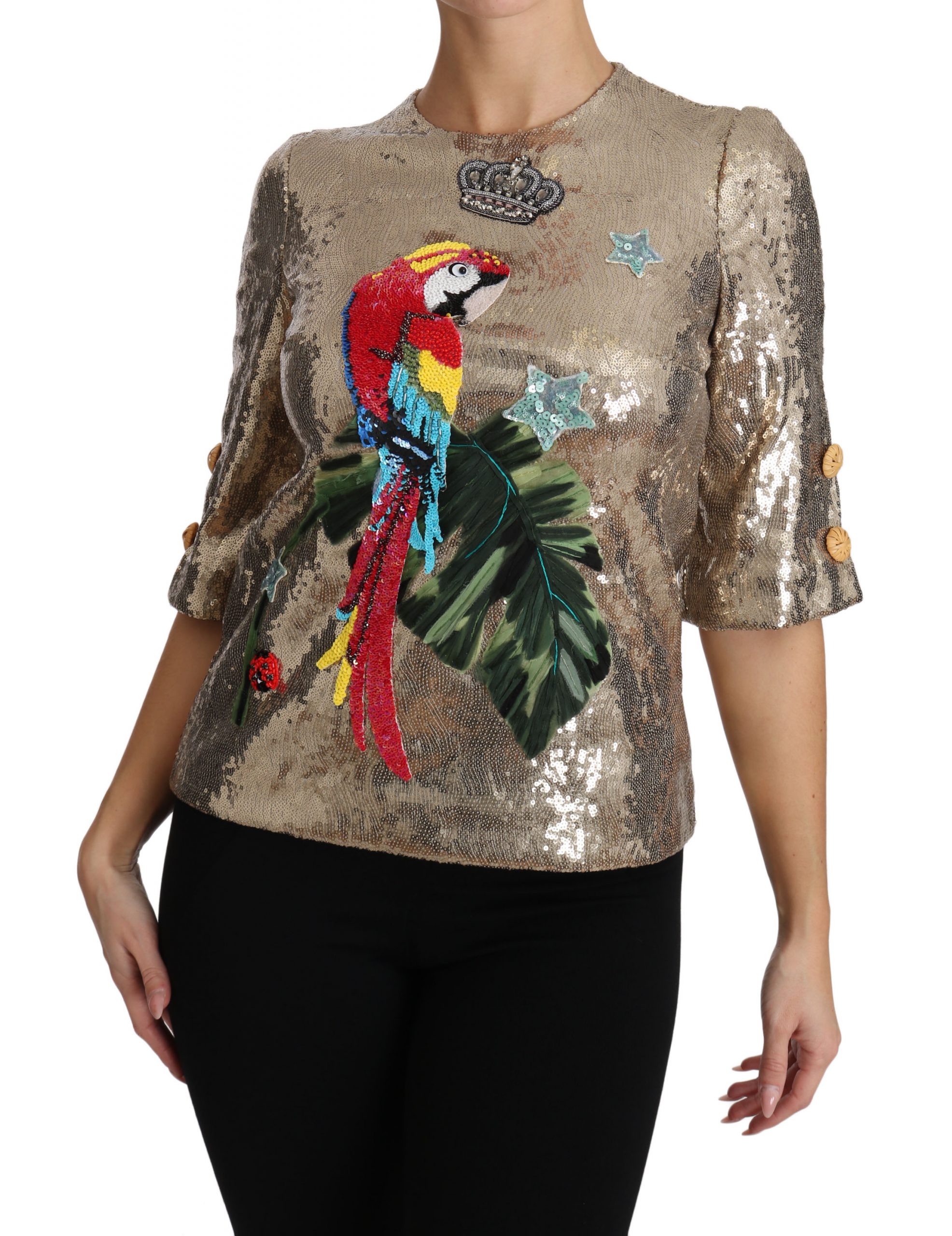 Dolce & Gabbana Gold Sequined Parrot Crystal Blouse - Image 4