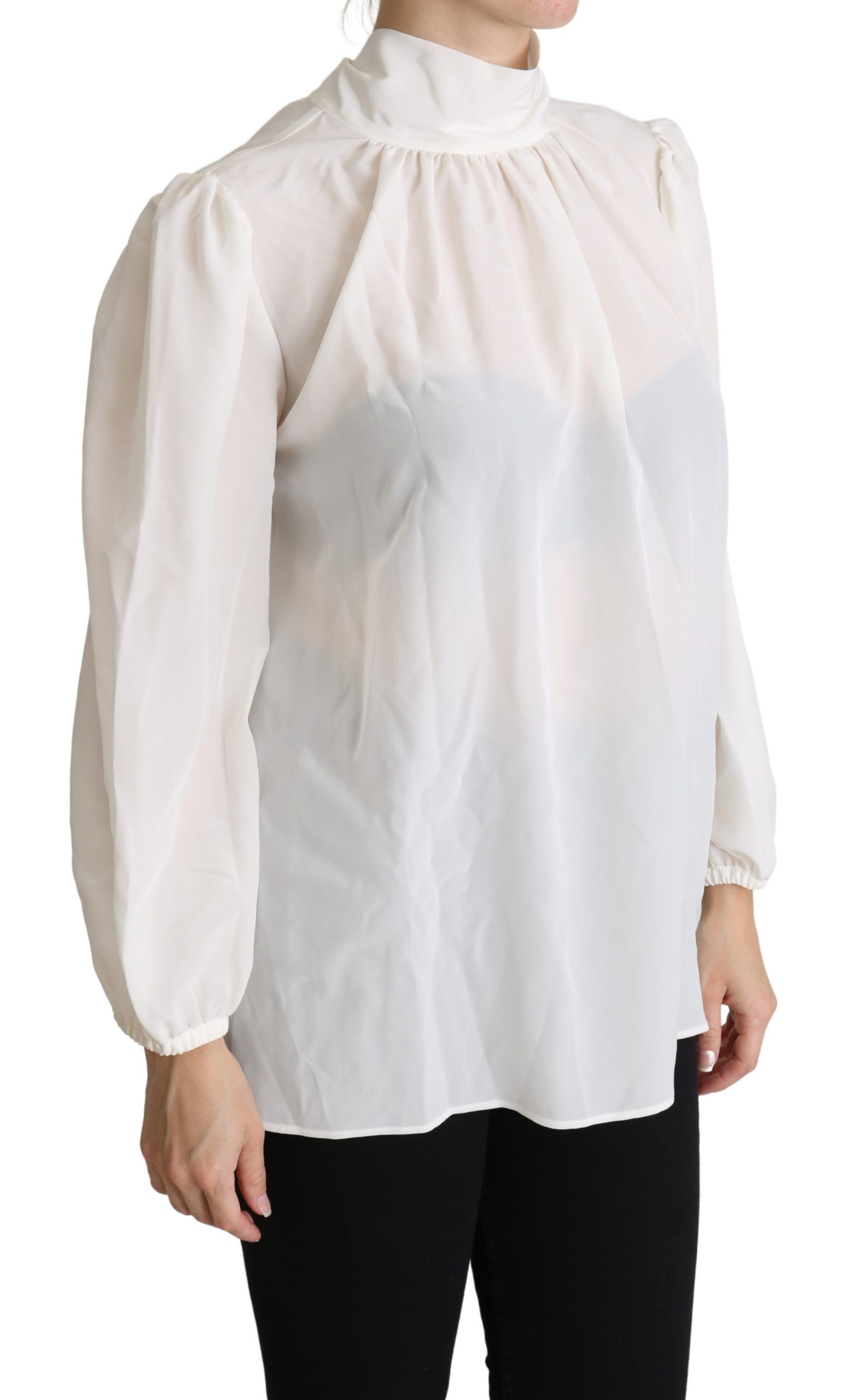 Dolce & Gabbana White Silk Pussy Bow Long Sleeved Top Blouse - Image 2