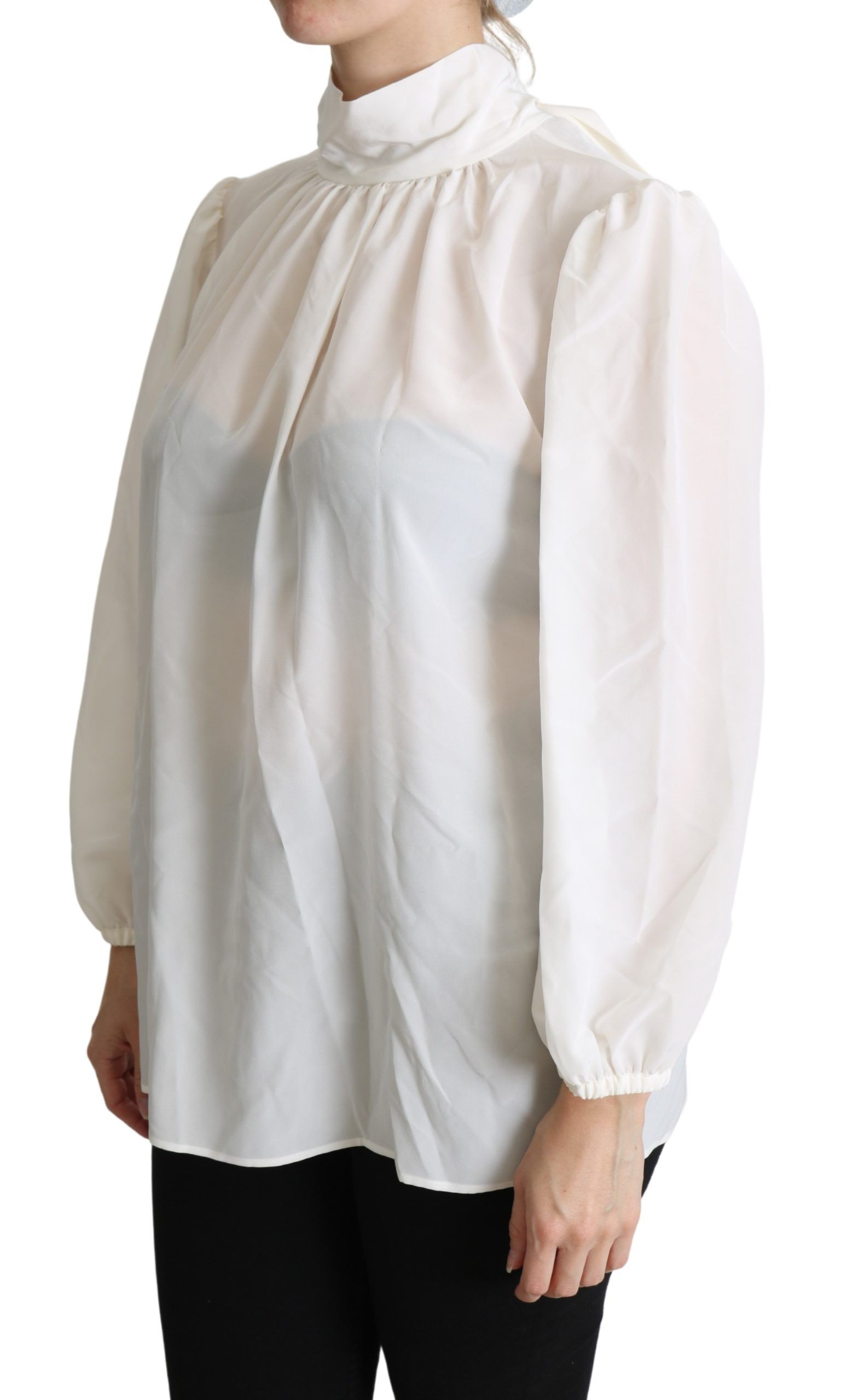 Dolce & Gabbana White Silk Pussy Bow Long Sleeved Top Blouse - Image 3