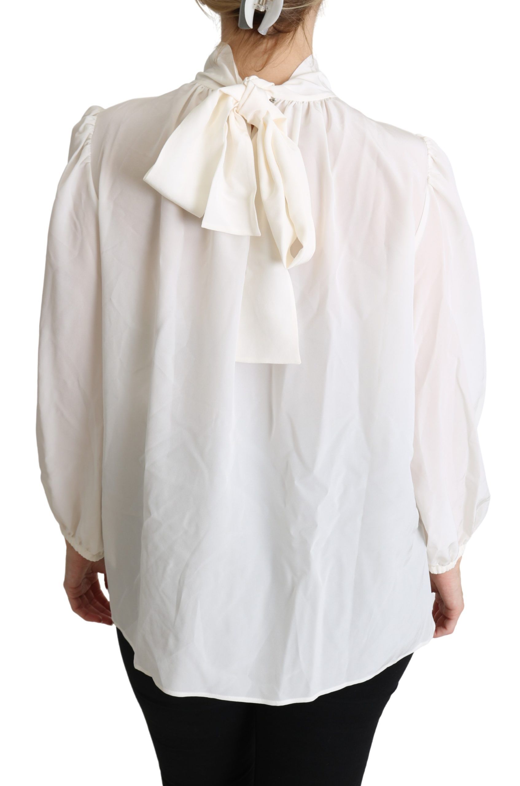 Dolce & Gabbana White Silk Pussy Bow Long Sleeved Top Blouse - Image 4