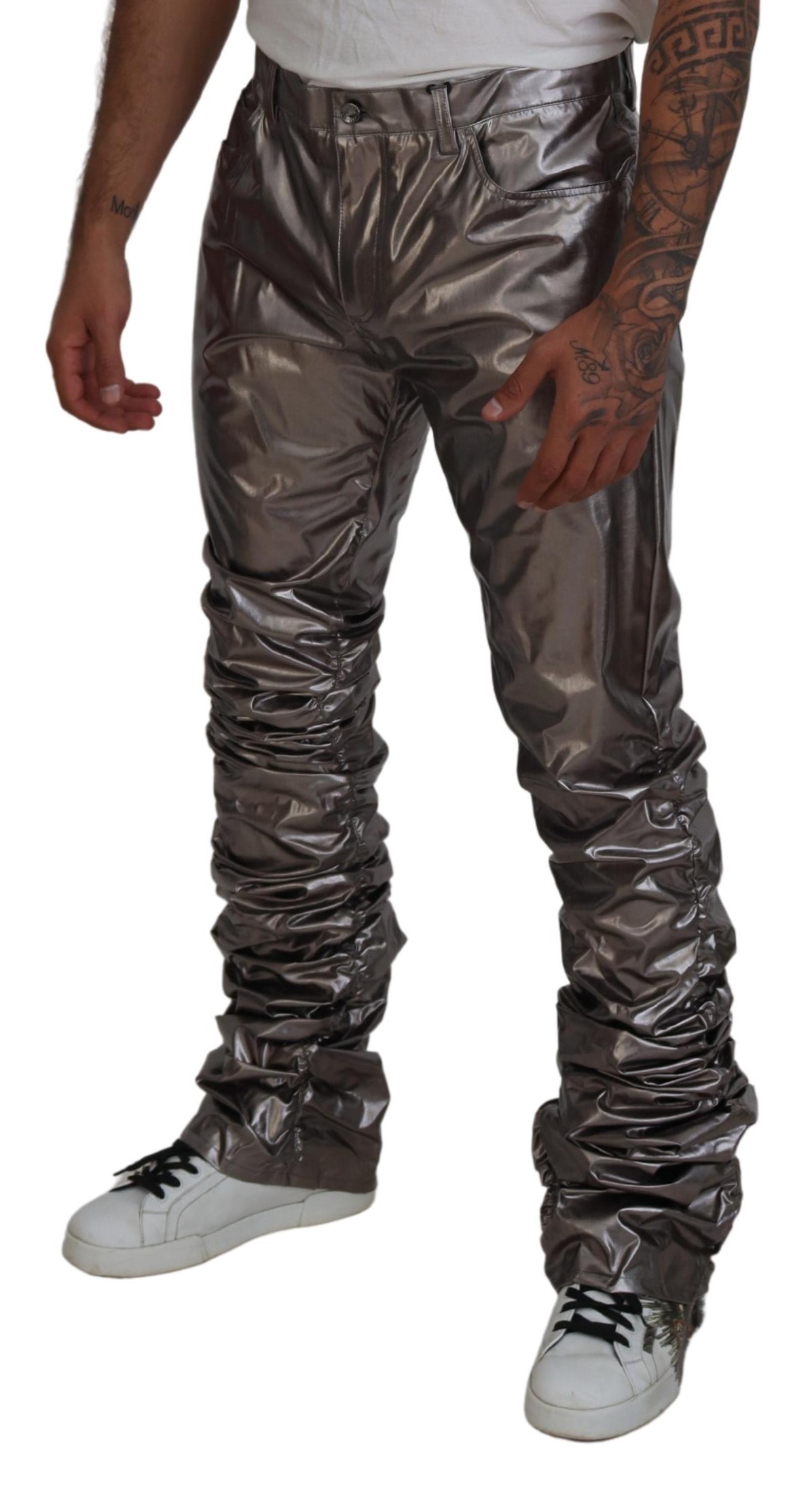 Dolce & Gabbana Silver Metallic Nylon Stretch Pants - Image 4