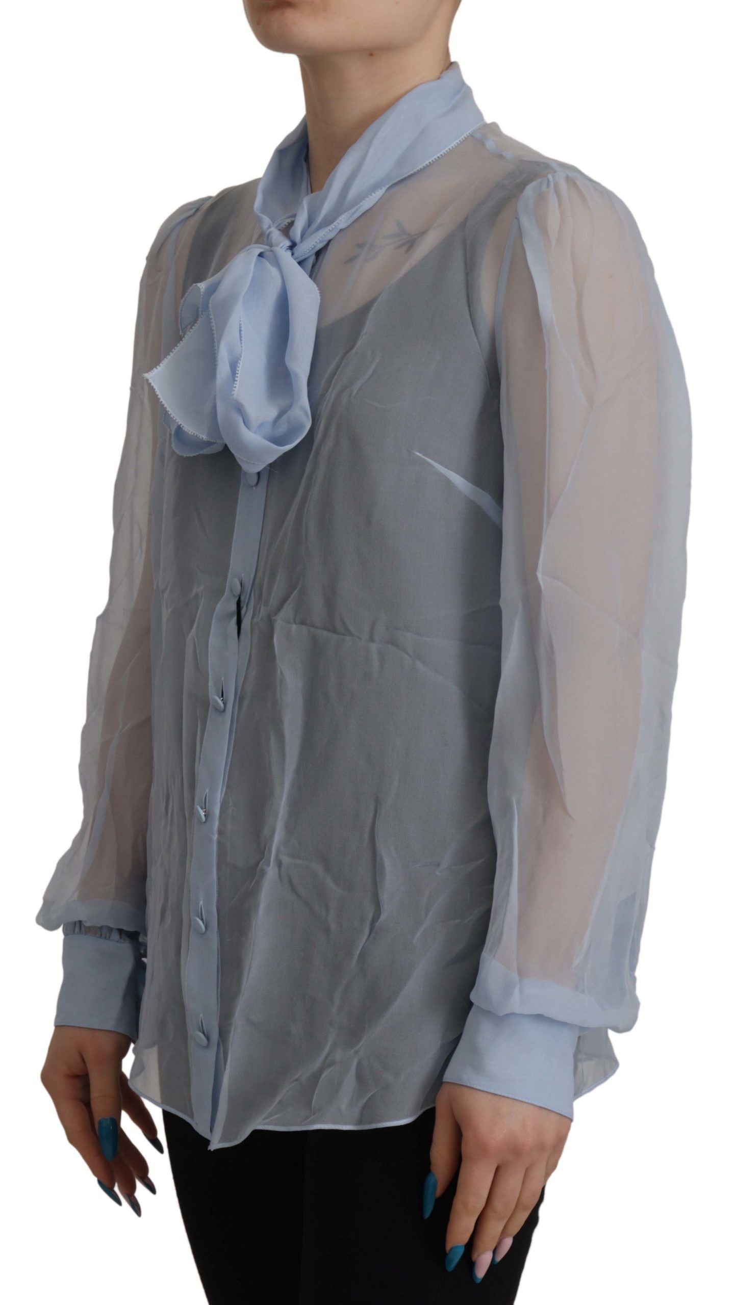 Dolce & Gabbana Light Blue Silk Ascot Collar Long Sleeves Top - Image 4