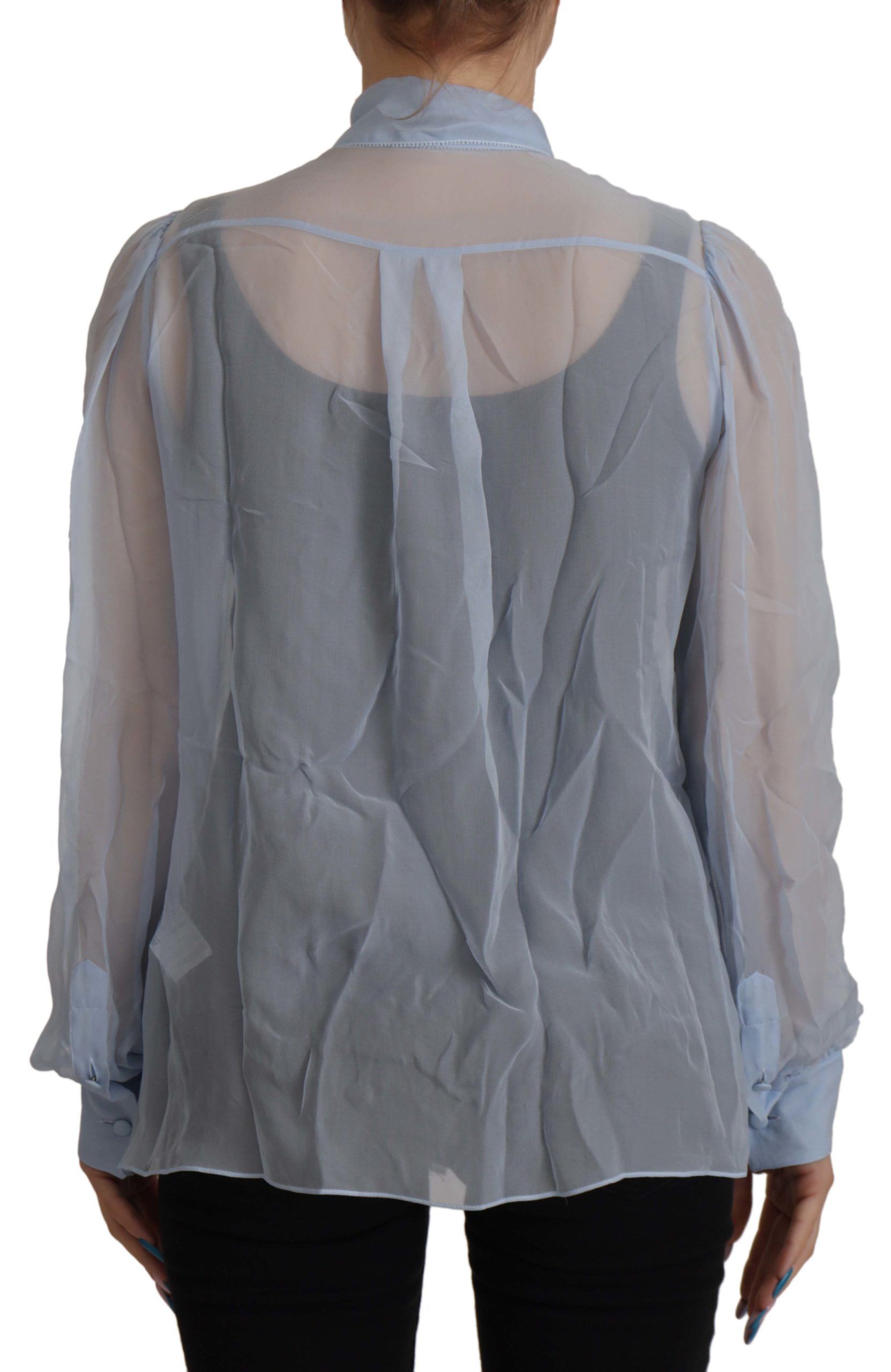 Dolce & Gabbana Light Blue Silk Ascot Collar Long Sleeves Top - Image 2