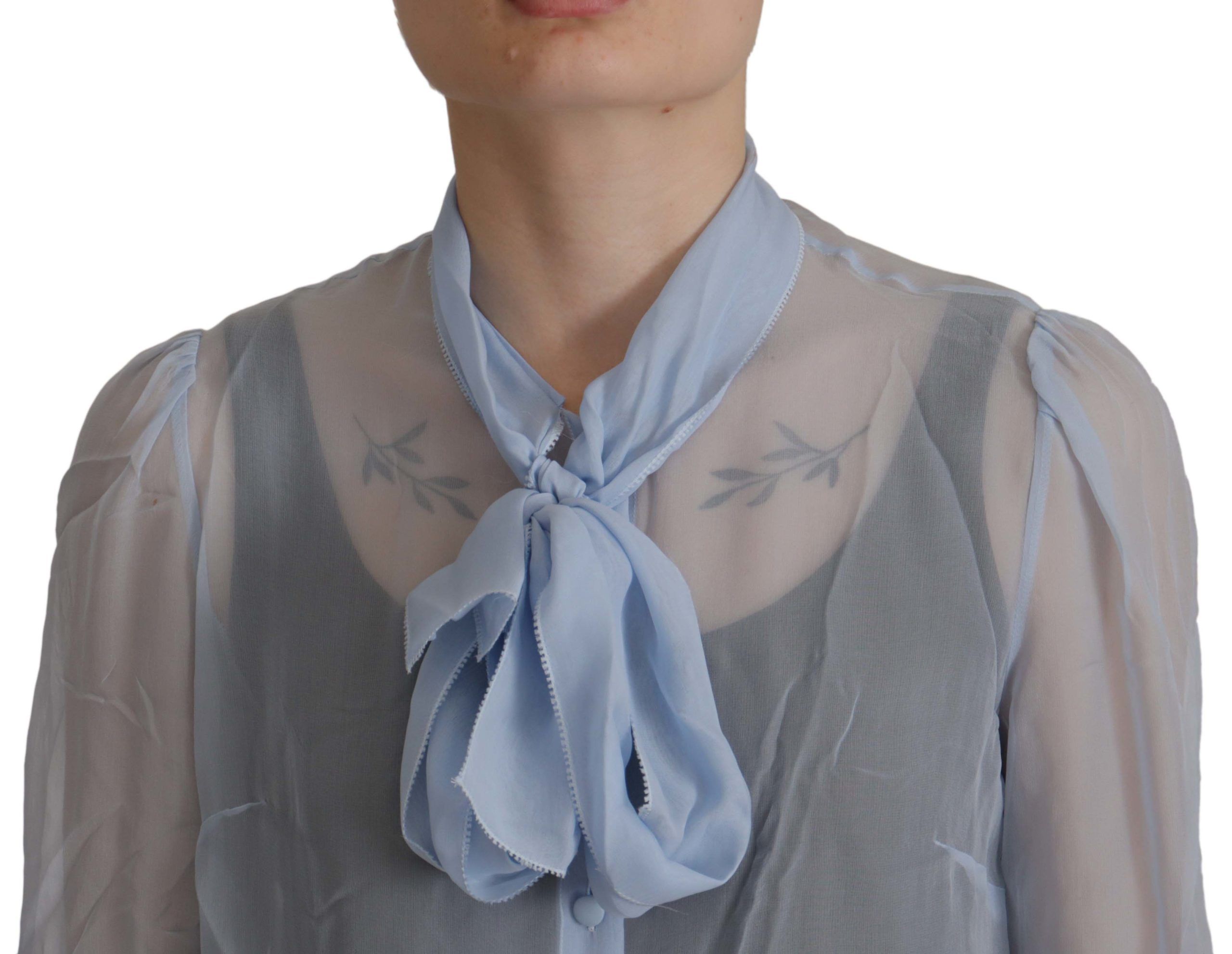 Dolce & Gabbana Light Blue Silk Ascot Collar Long Sleeves Top - Image 3