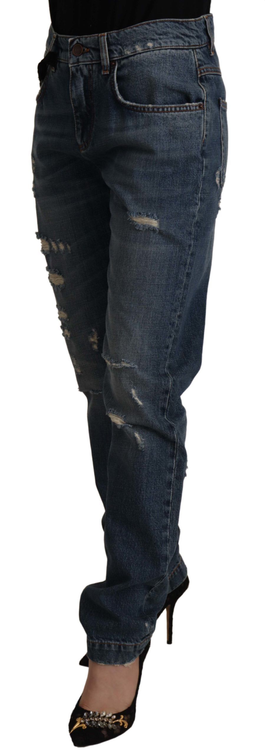 Dolce & Gabbana Blue Denim Baroque Heart Logo Patch Pants Jeans - Image 6