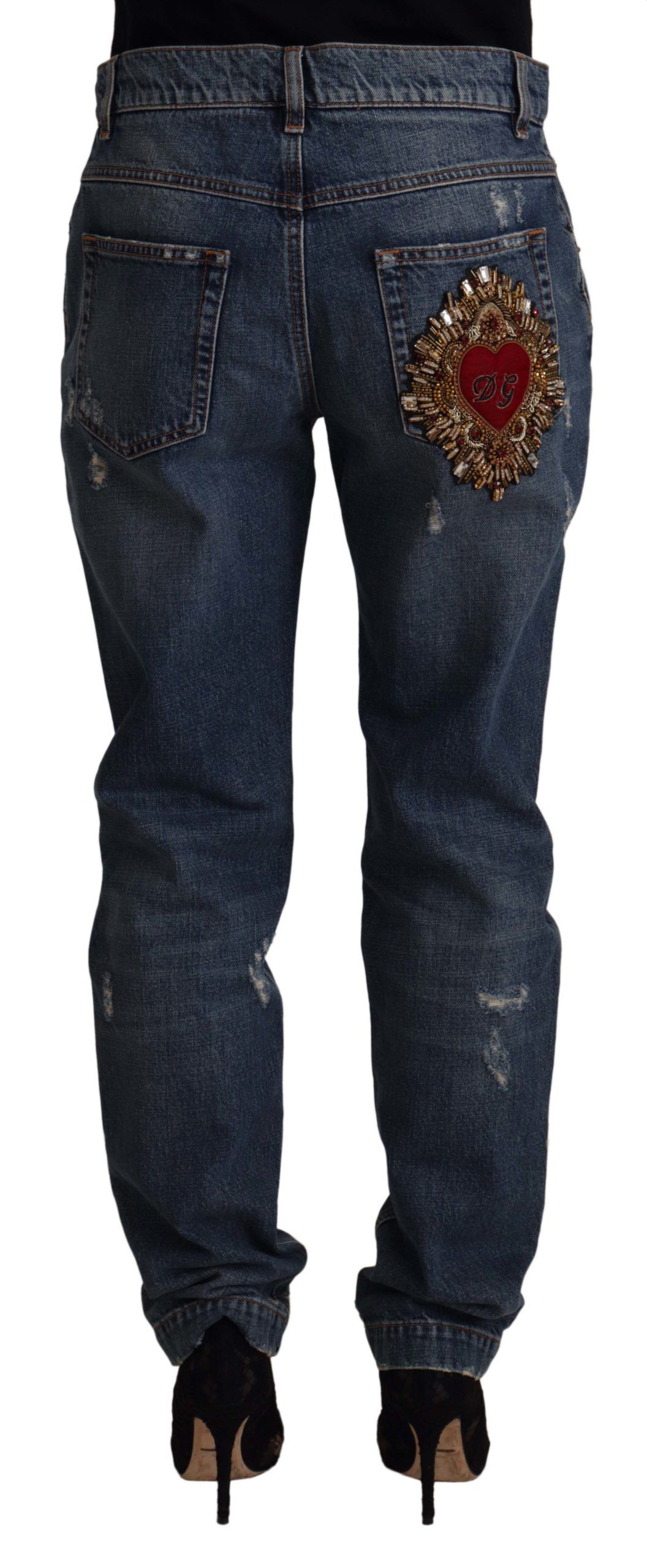 Dolce & Gabbana Blue Denim Baroque Heart Logo Patch Pants Jeans - Image 2
