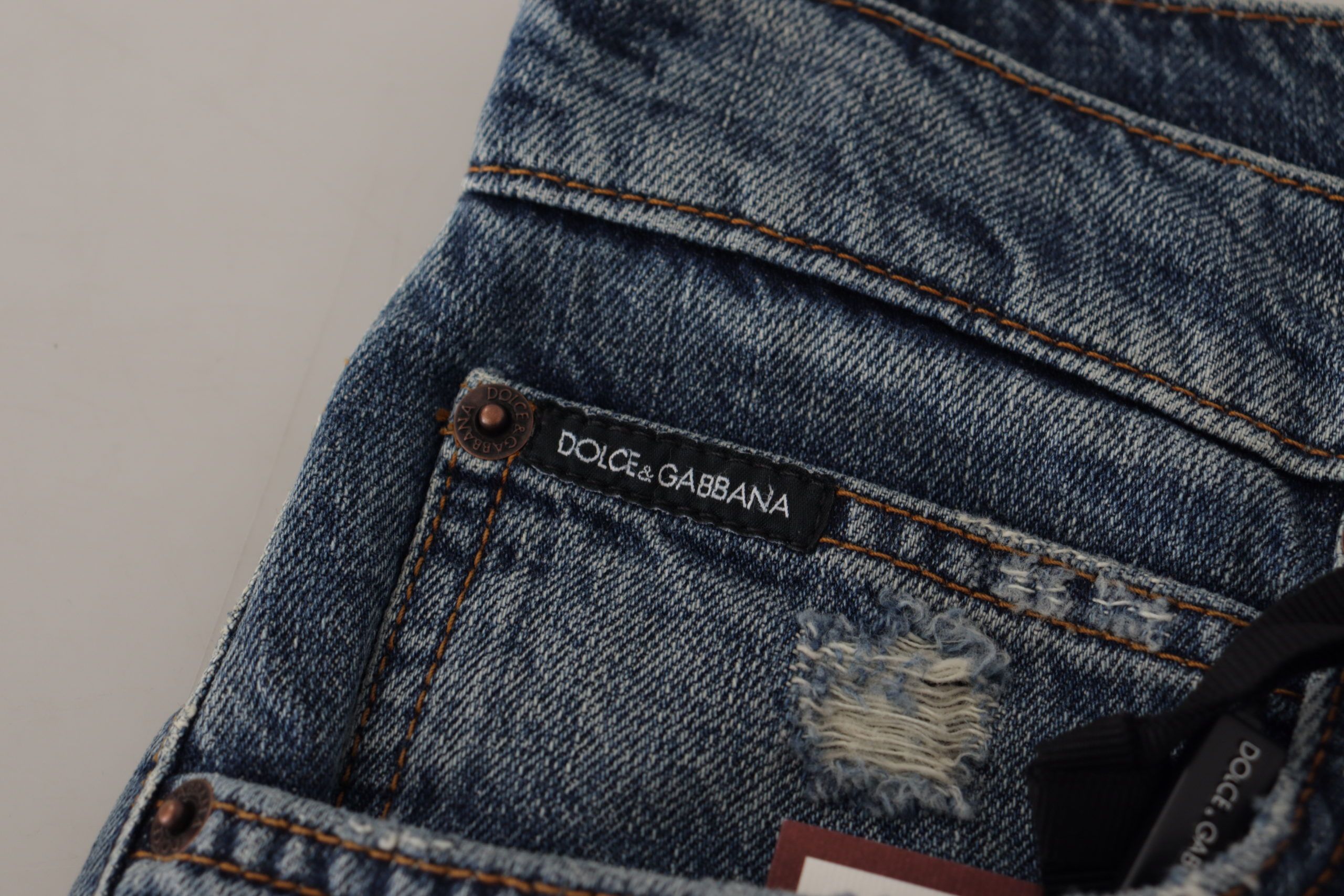 Dolce & Gabbana Blue Denim Baroque Heart Logo Patch Pants Jeans - Image 5