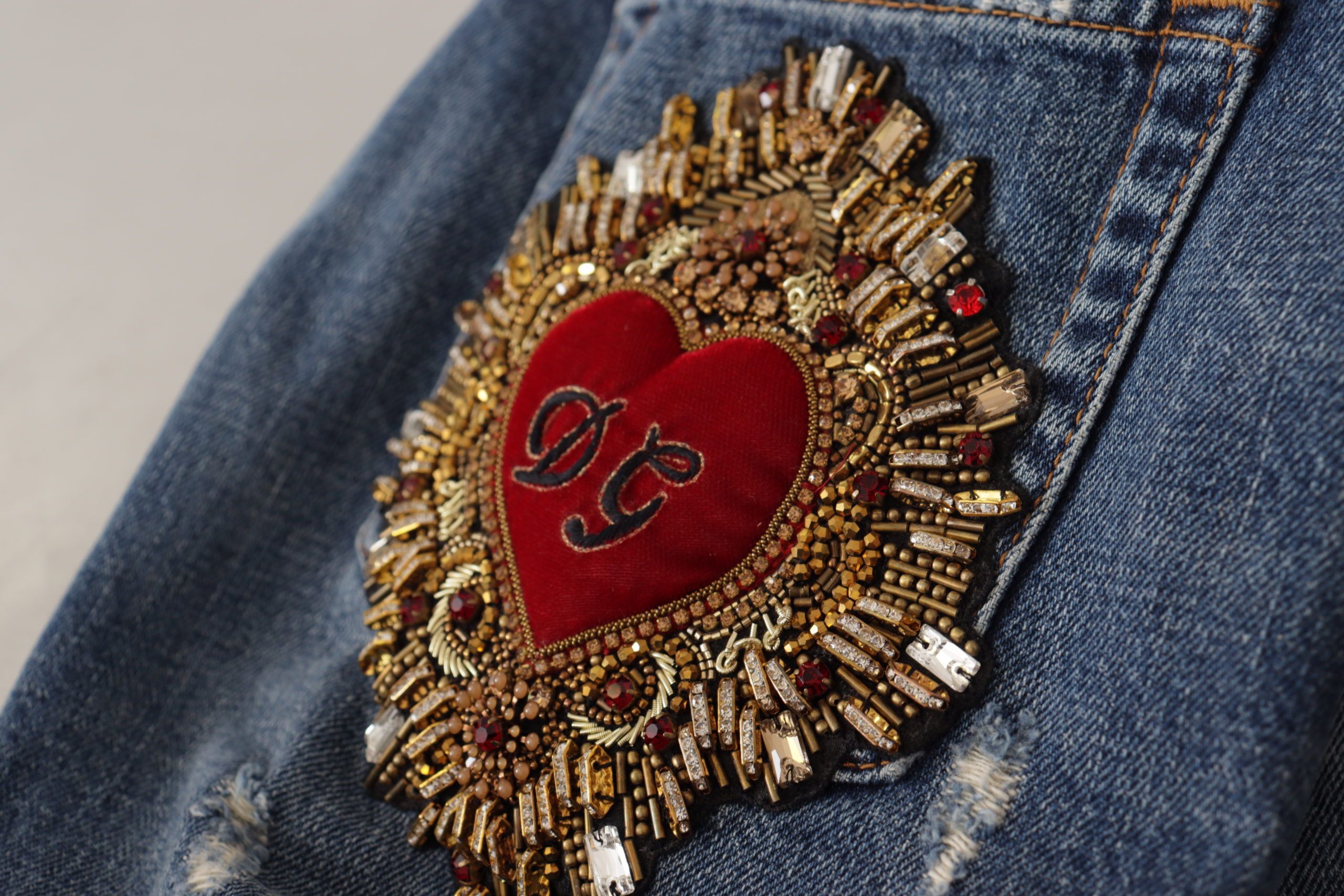 Dolce & Gabbana Blue Denim Baroque Heart Logo Patch Pants Jeans - Image 8