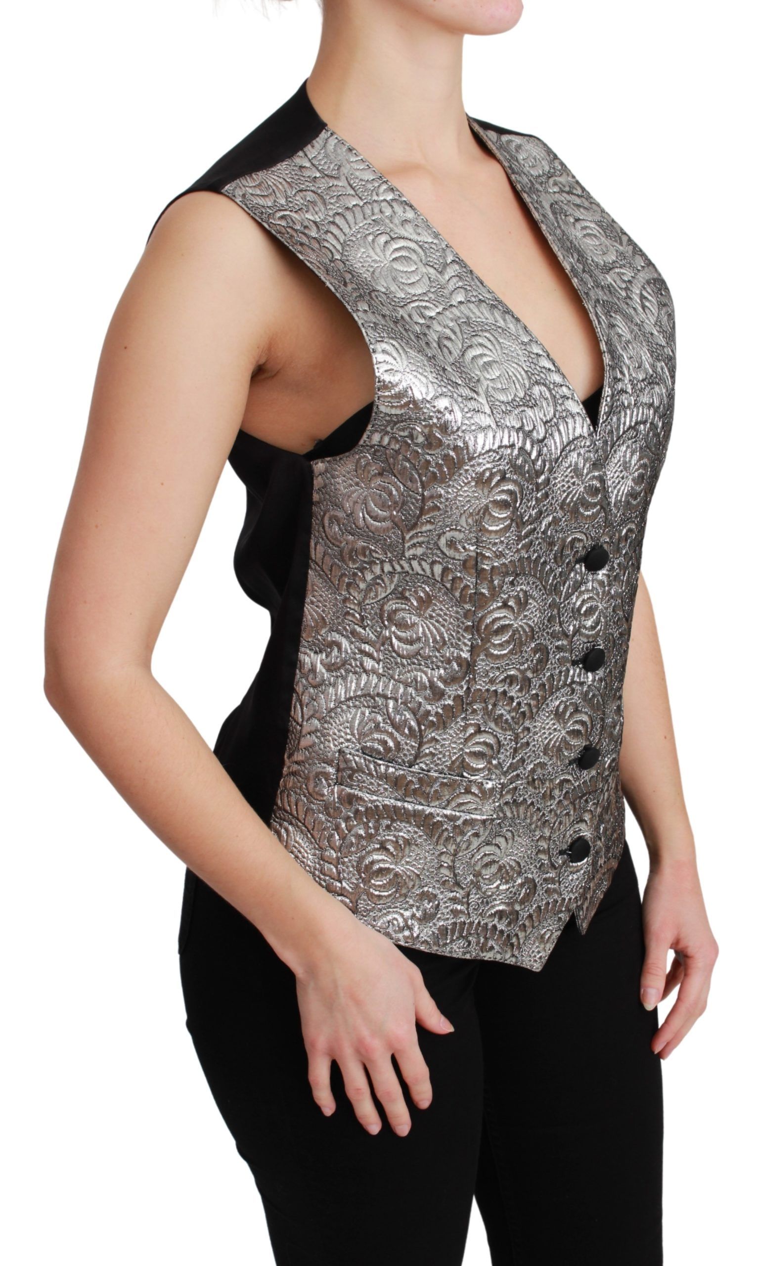 Dolce & Gabbana Silver Brocade Sleeveless Metallic Top - Image 2