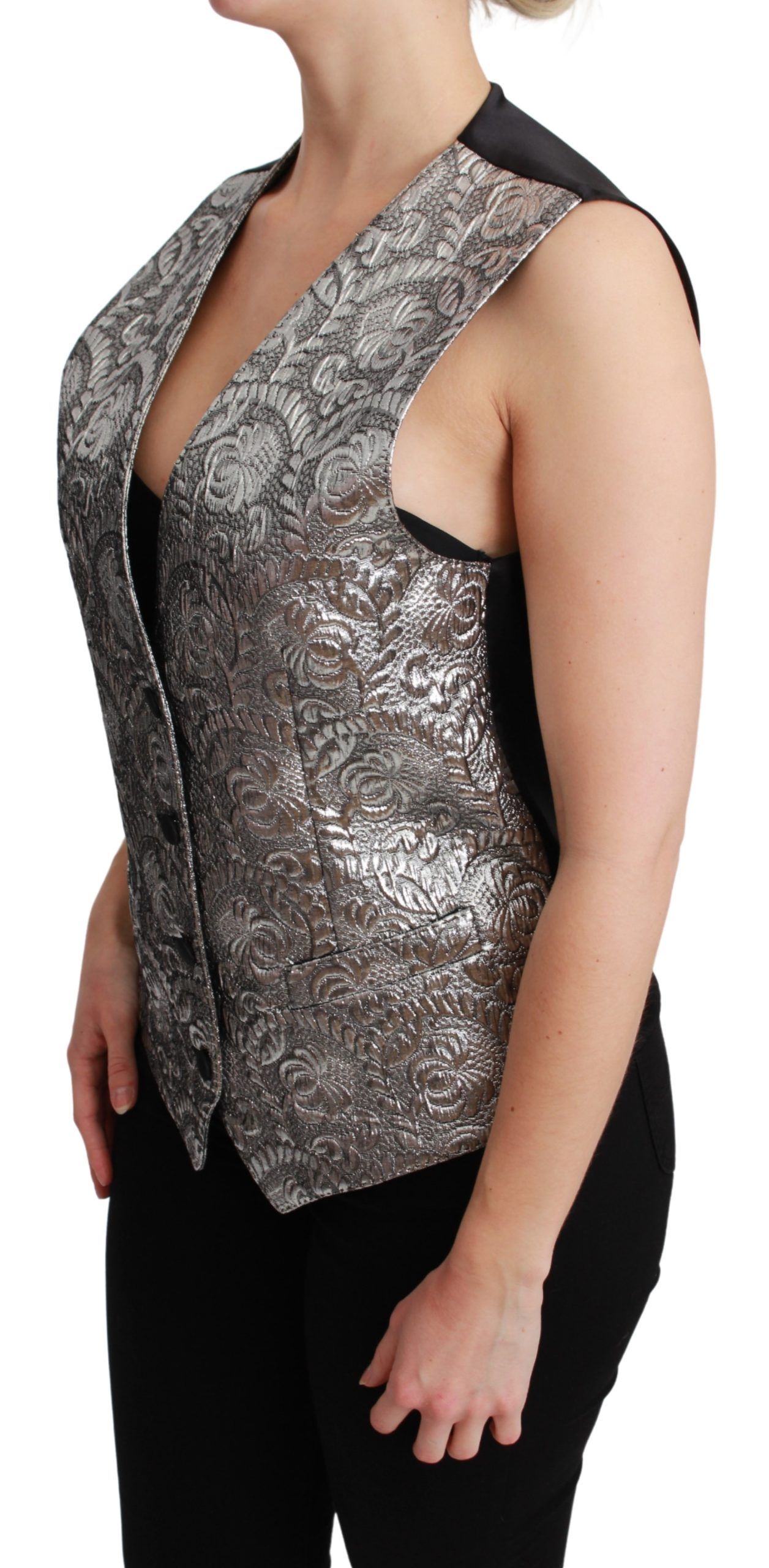 Dolce & Gabbana Silver Brocade Sleeveless Metallic Top - Image 3