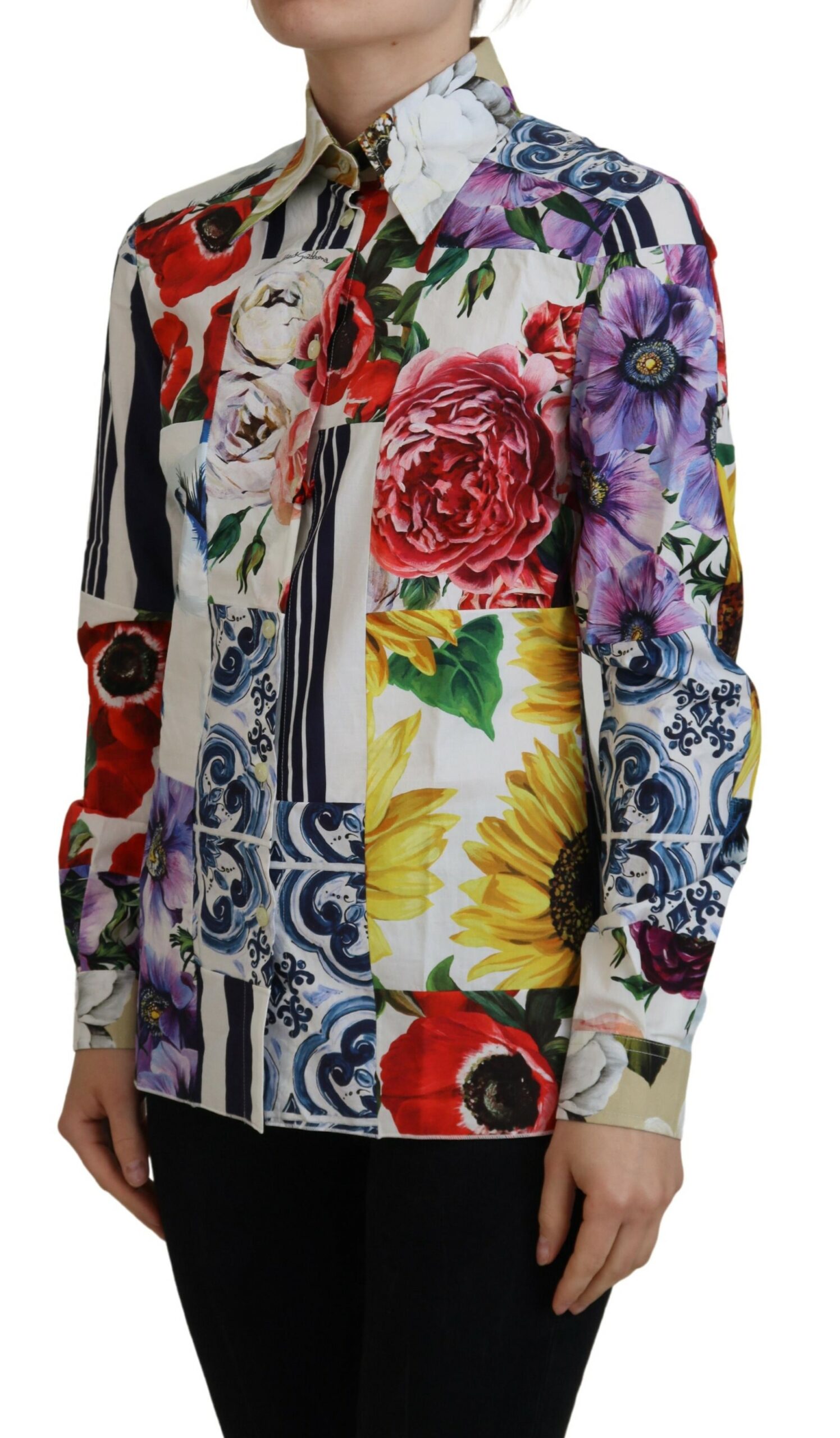 Dolce & Gabbana Multicolor Floral Cotton Collared Blouse Top - Image 2