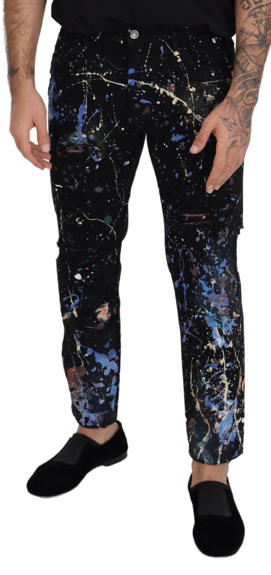 Dolce & Gabbana Black Cotton Color Splash Print Denim Jeans - Image 4