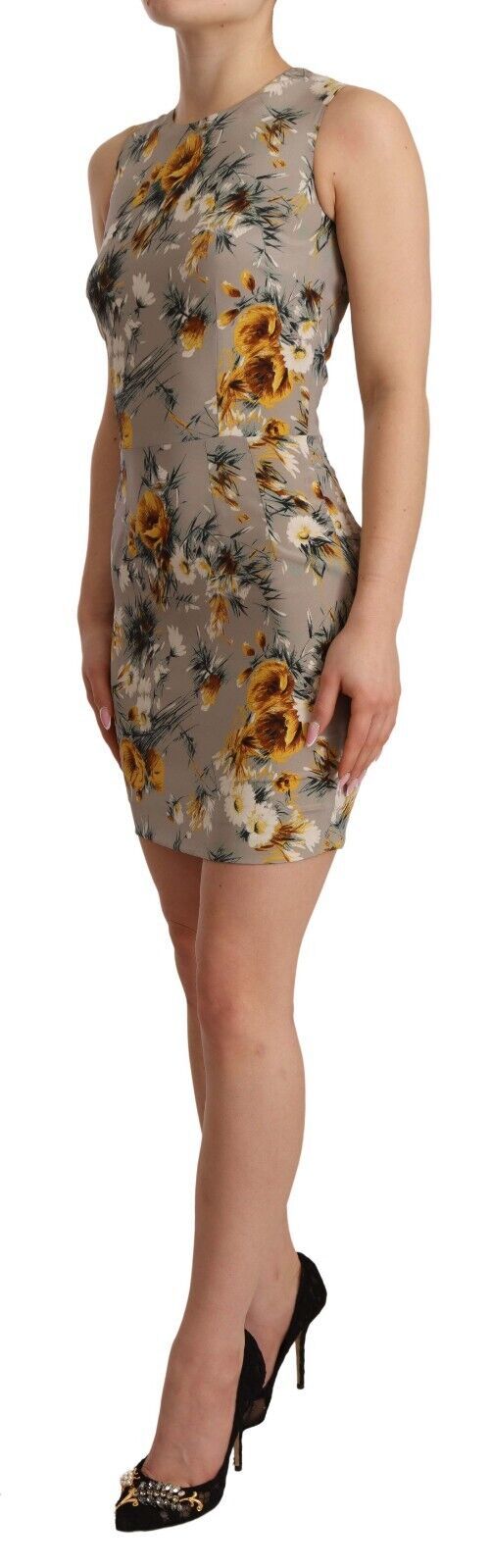 Dolce & Gabbana Gray Silk Stretch Floral Sheath Mini Dress - Image 2