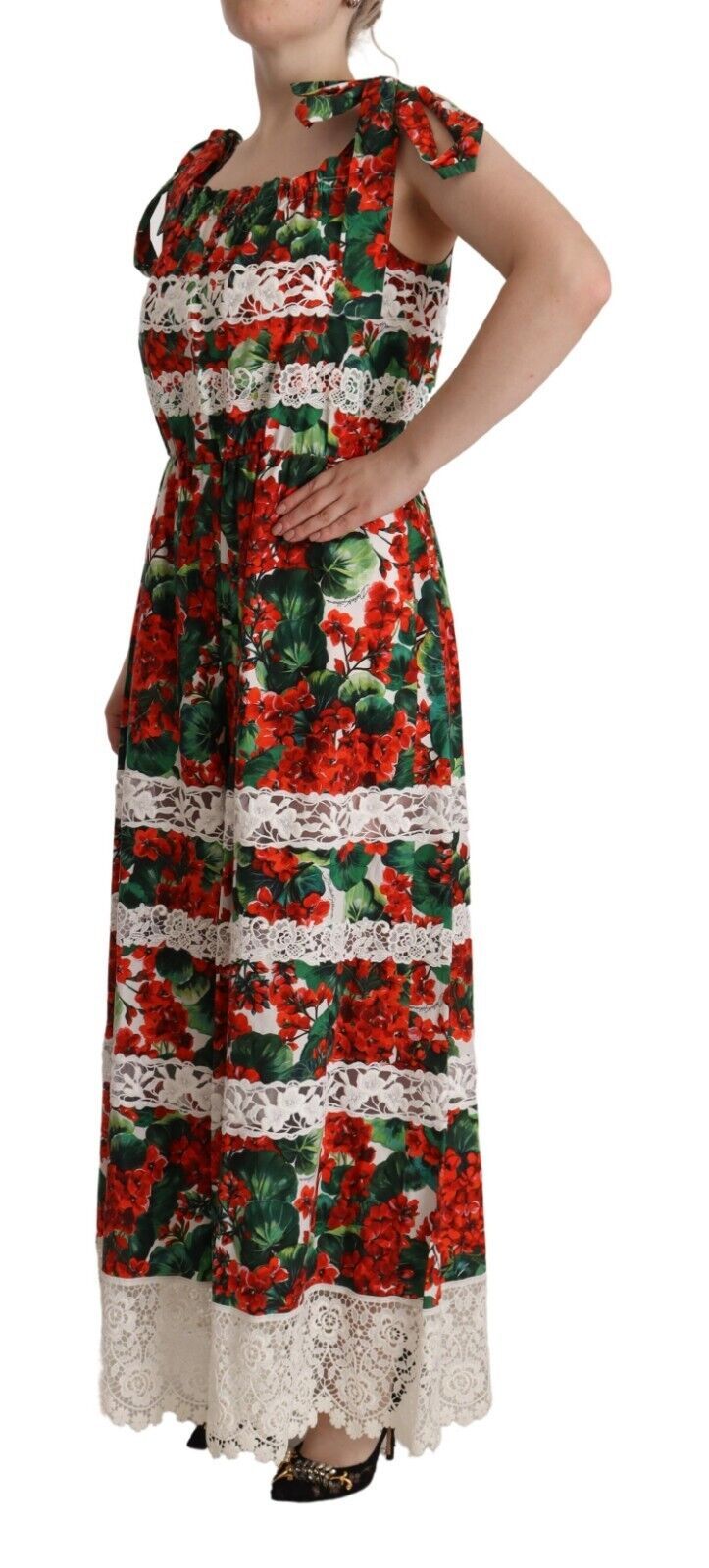 Dolce & Gabbana Multicolor Geranium Print Lace Long Maxi Dress - Image 2