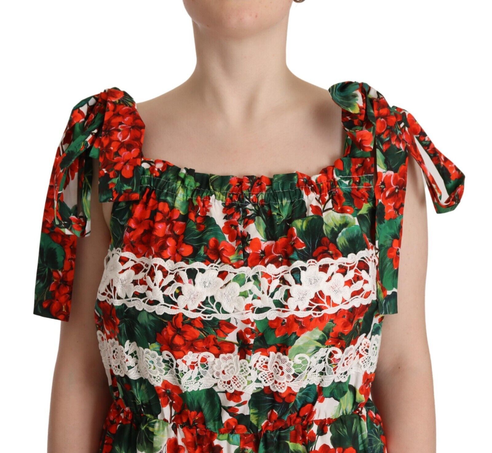 Dolce & Gabbana Multicolor Geranium Print Lace Long Maxi Dress - Image 4