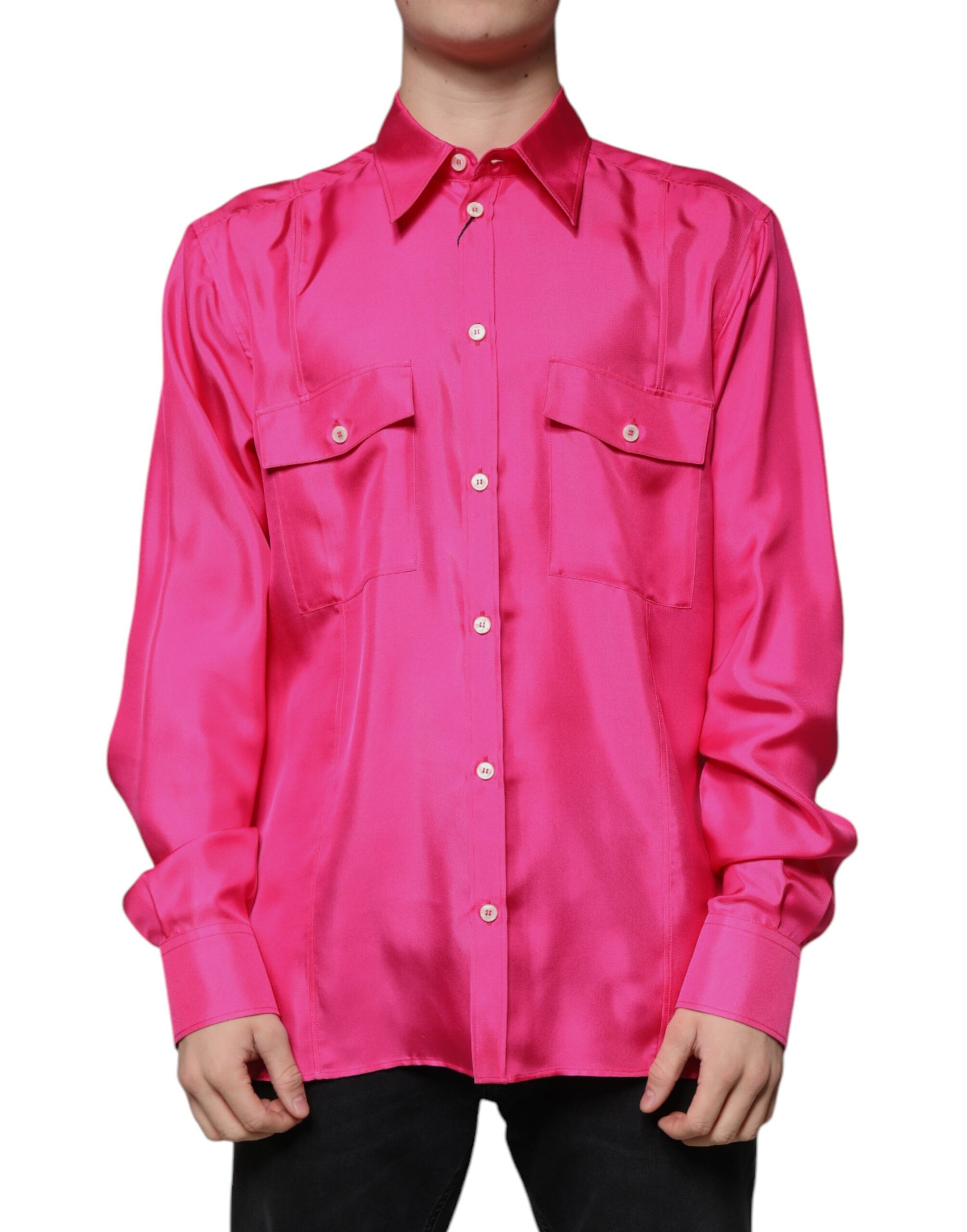 Dolce & Gabbana Pink Silk Collared Button Down Men Shirt - Image 2