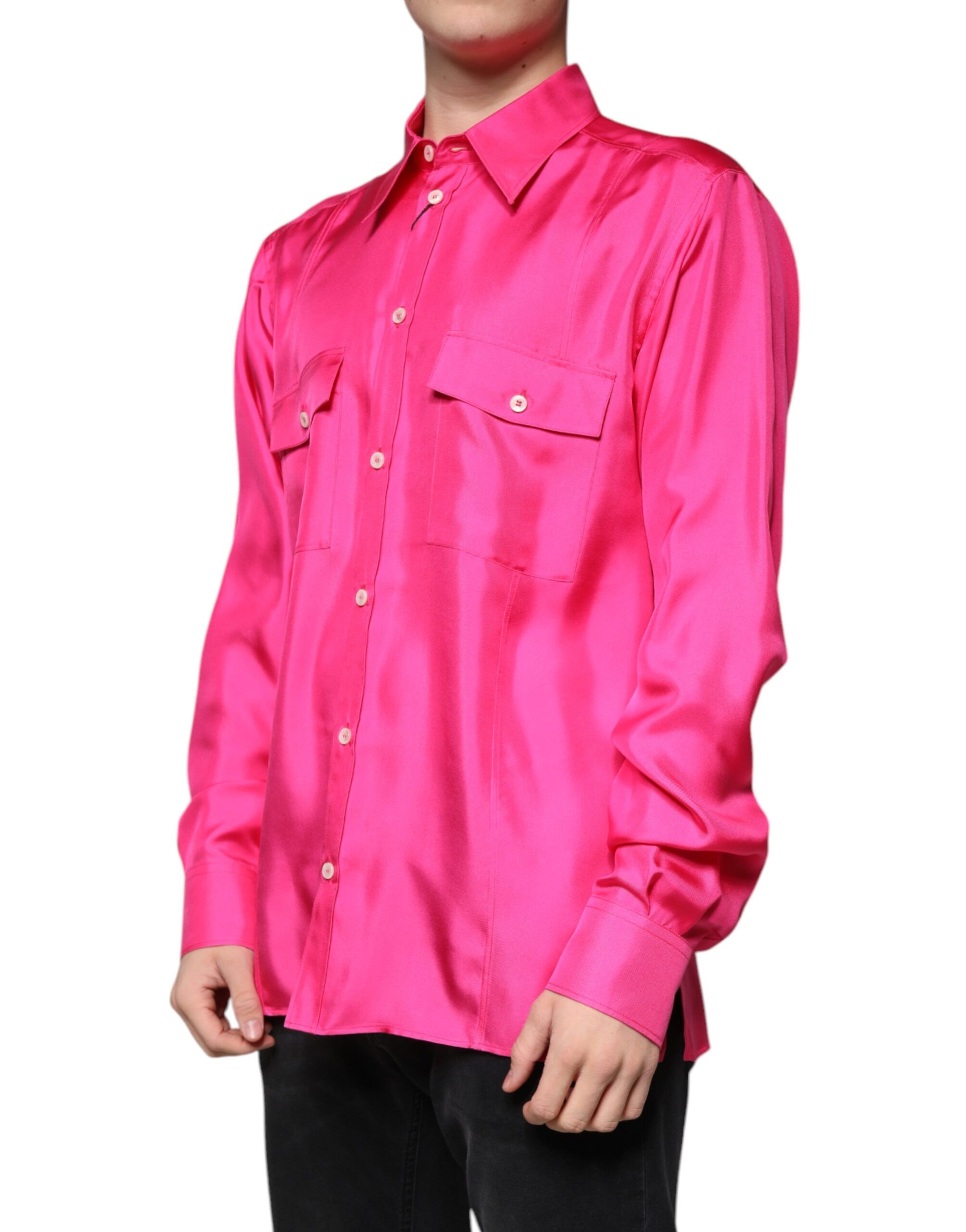 Dolce & Gabbana Pink Silk Collared Button Down Men Shirt - Image 3