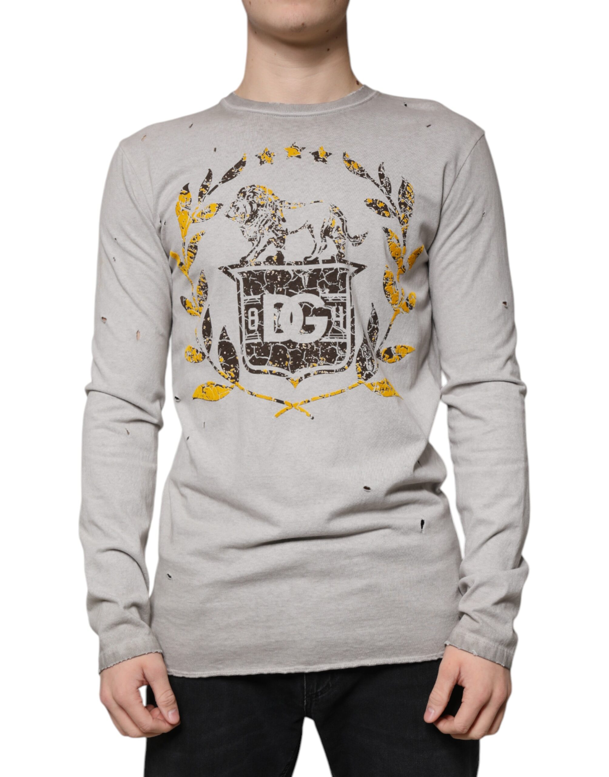 Dolce & Gabbana Gray Printed Cotton Crewneck Pullover Sweater - Image 2