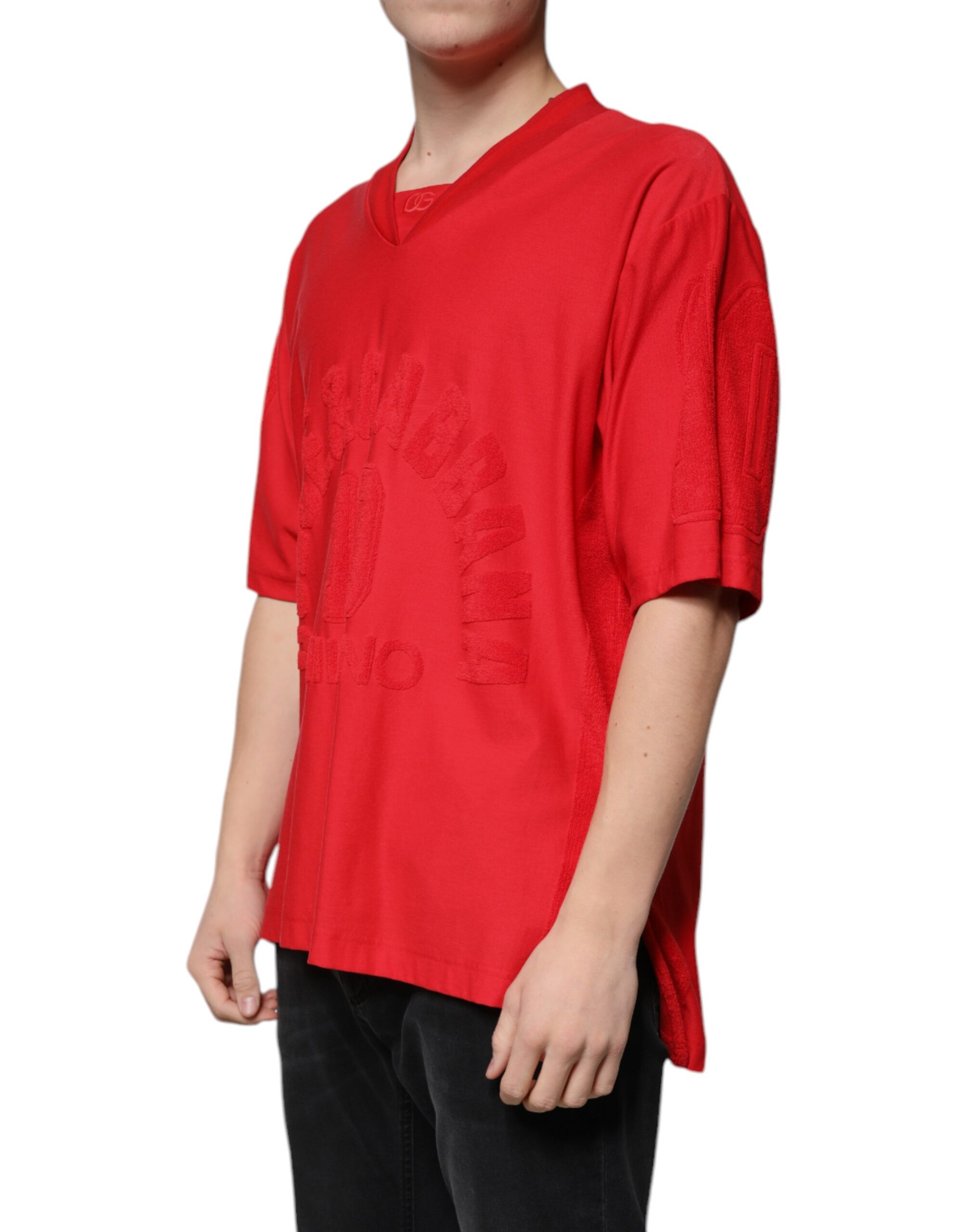 Dolce & Gabbana Red Cotton V-neck Short Sleeves T-shirt - Image 3