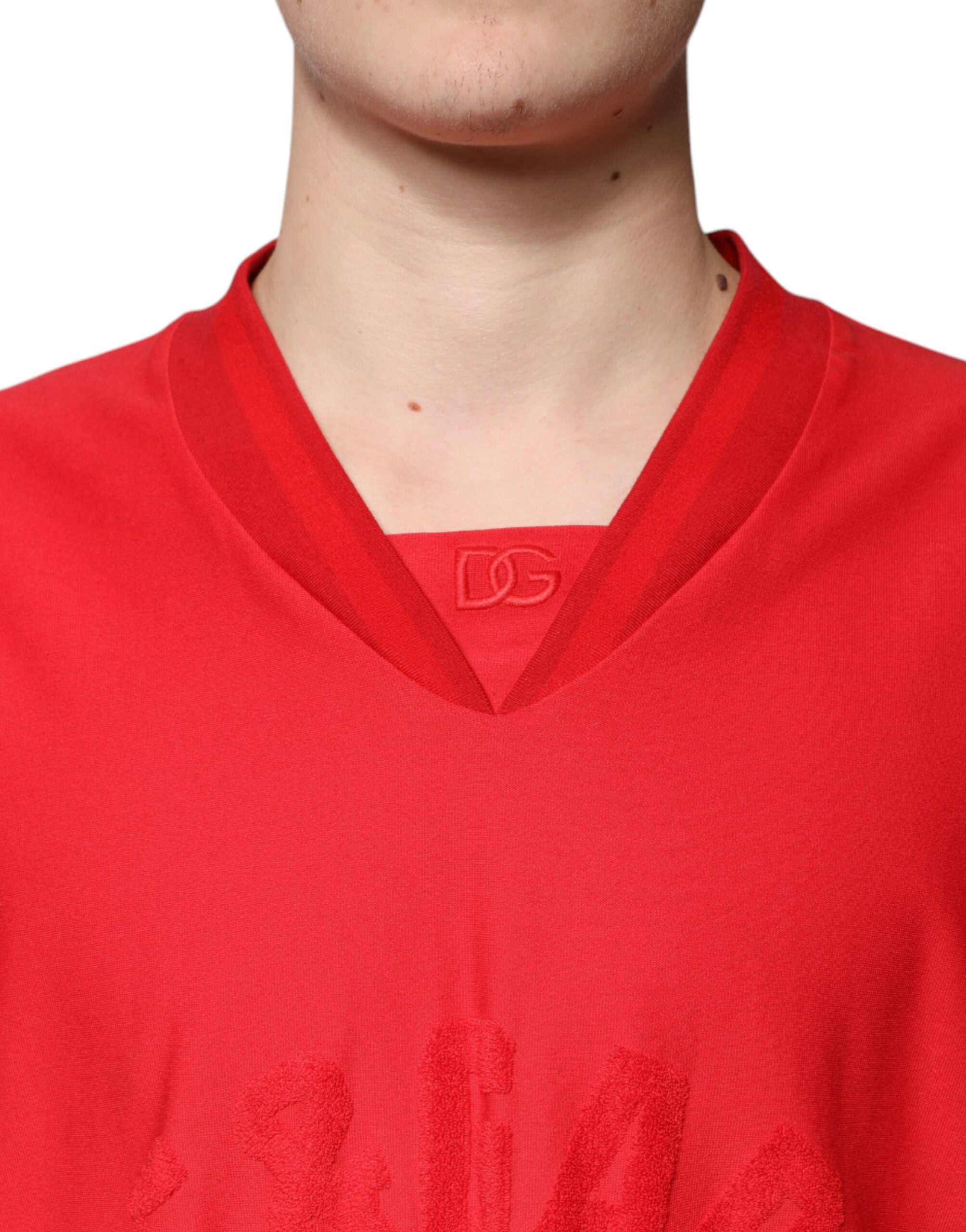 Dolce & Gabbana Red Cotton V-neck Short Sleeves T-shirt - Image 5