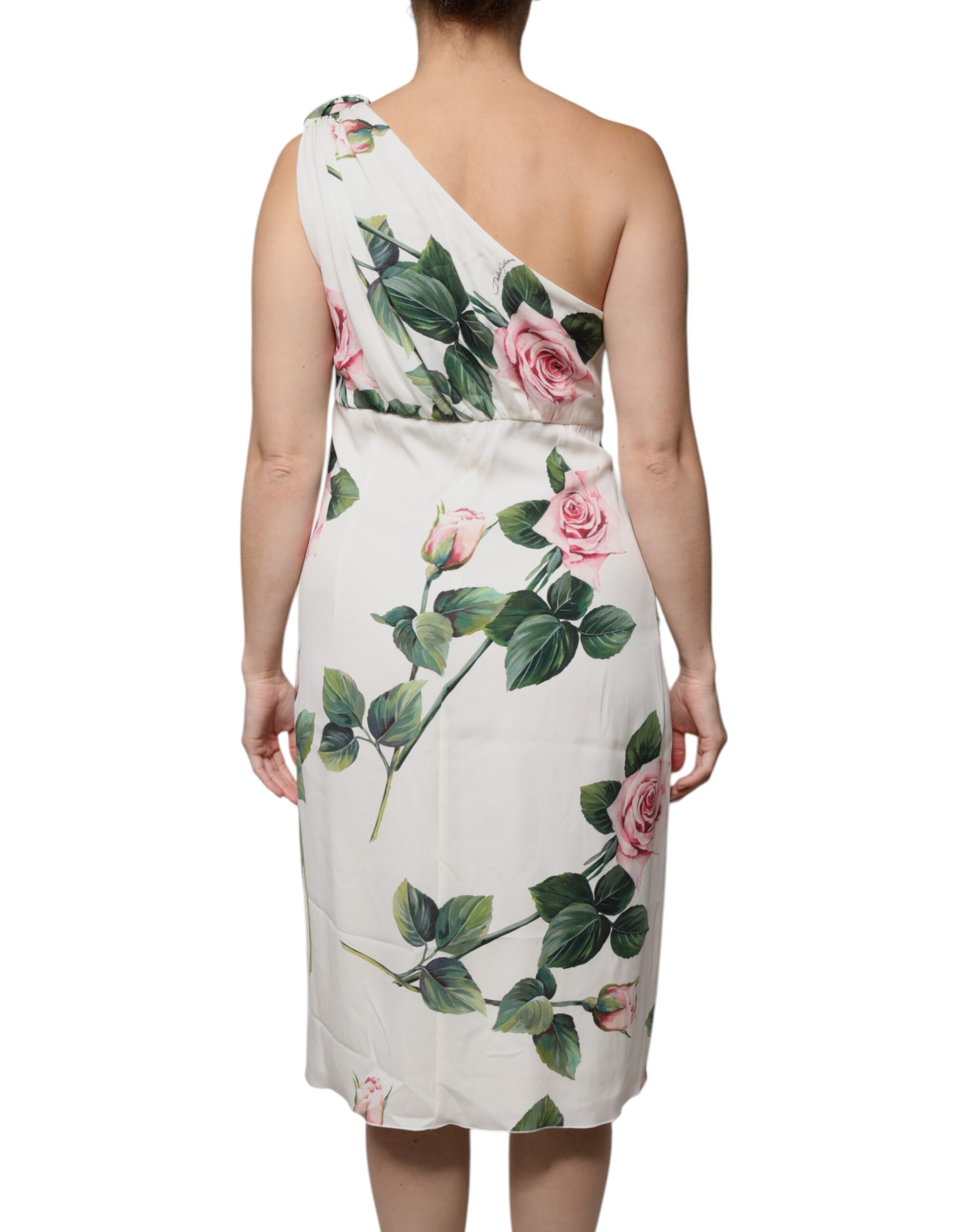 Dolce & Gabbana White Floral Silk One Shoulder Midi Dress - Image 4